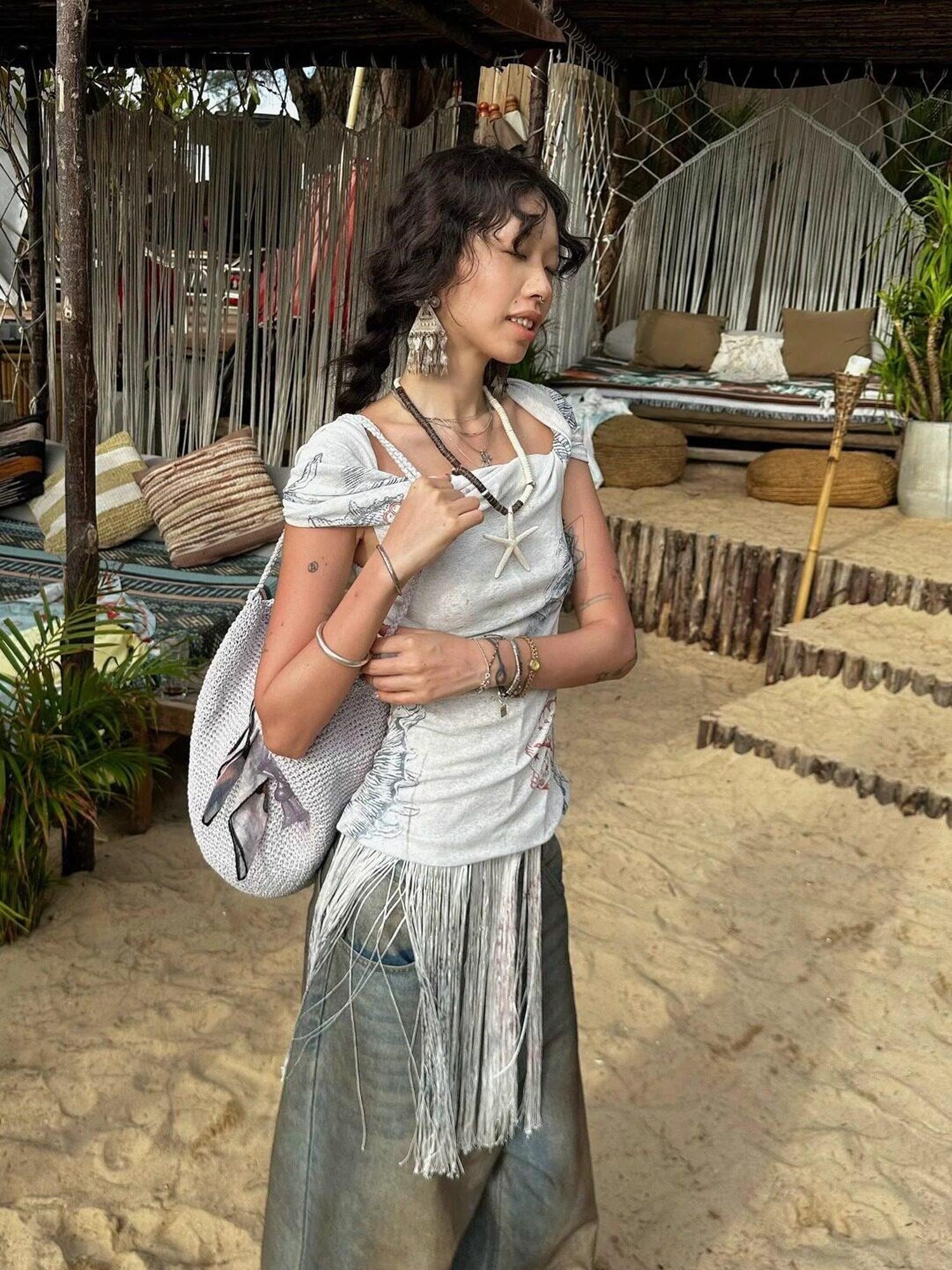 QUORRA S CHORD Shell Fossil Tassel Asymmetric Bardot Women&