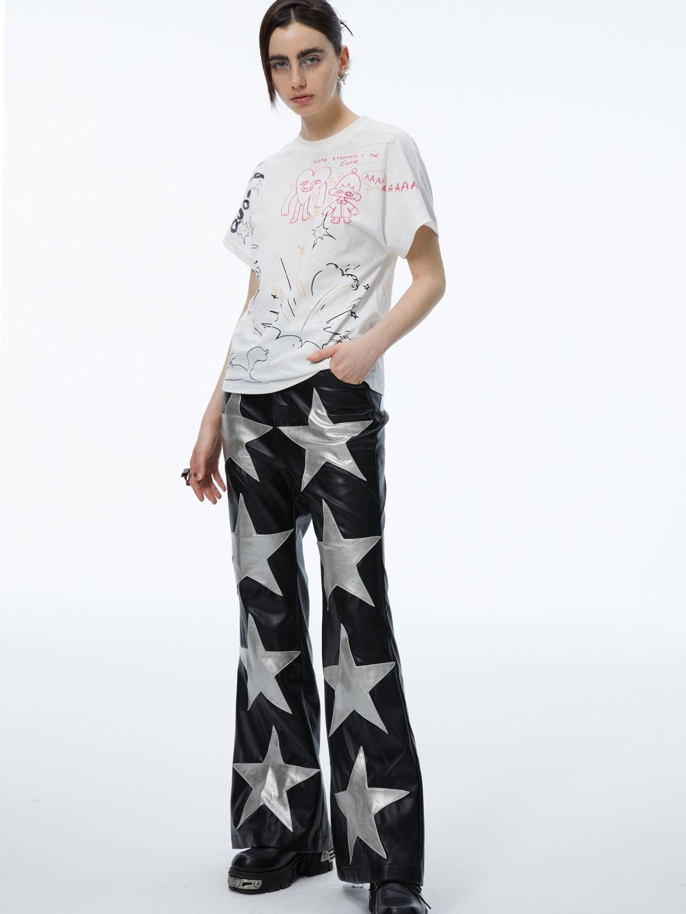 QUORRA S CHORD Silver Black Star High Waist Elastic Straight Flare Women&
