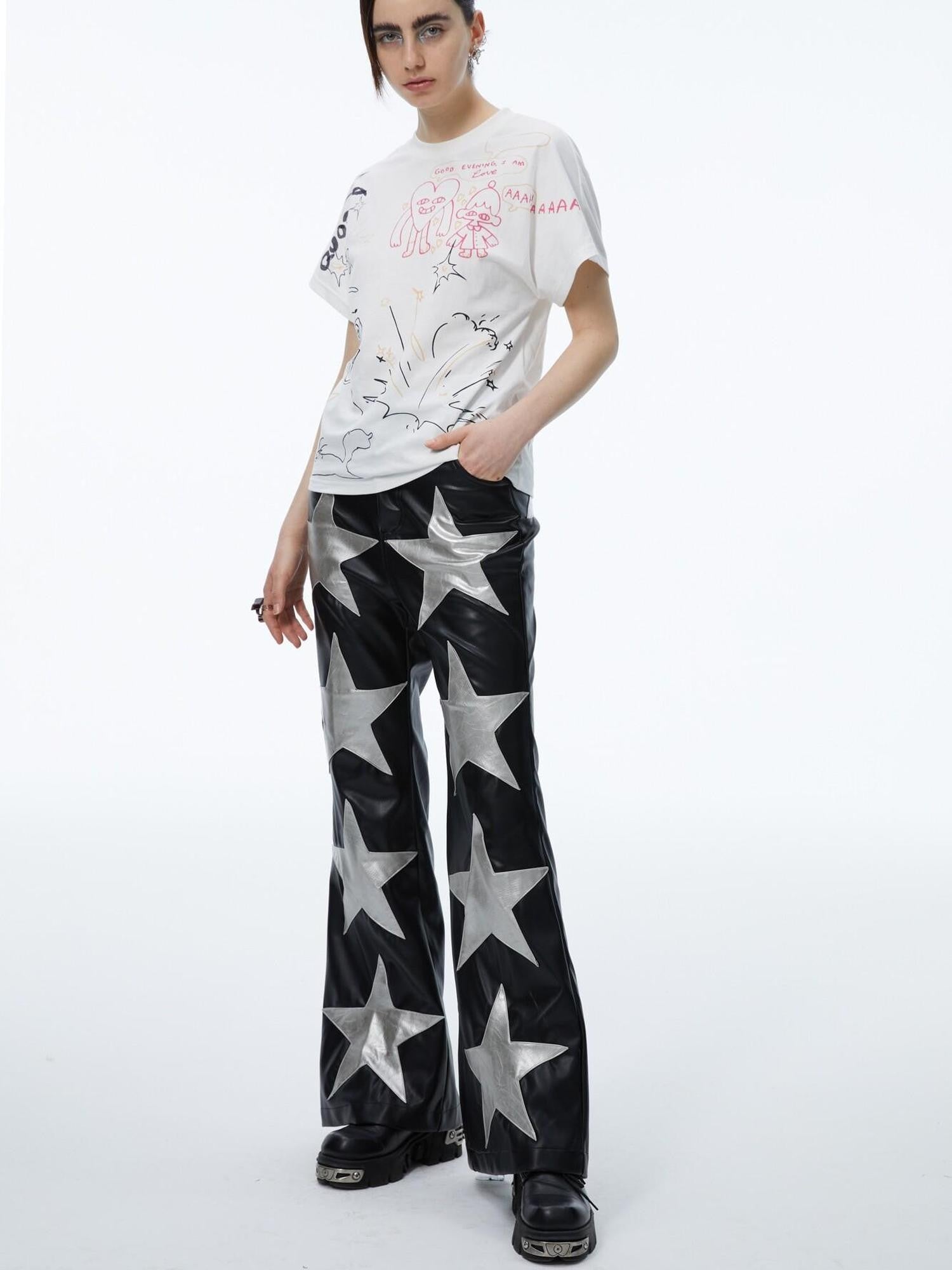 QUORRA S CHORD Silver Black Star High Waist Elastic Straight Flare Women&