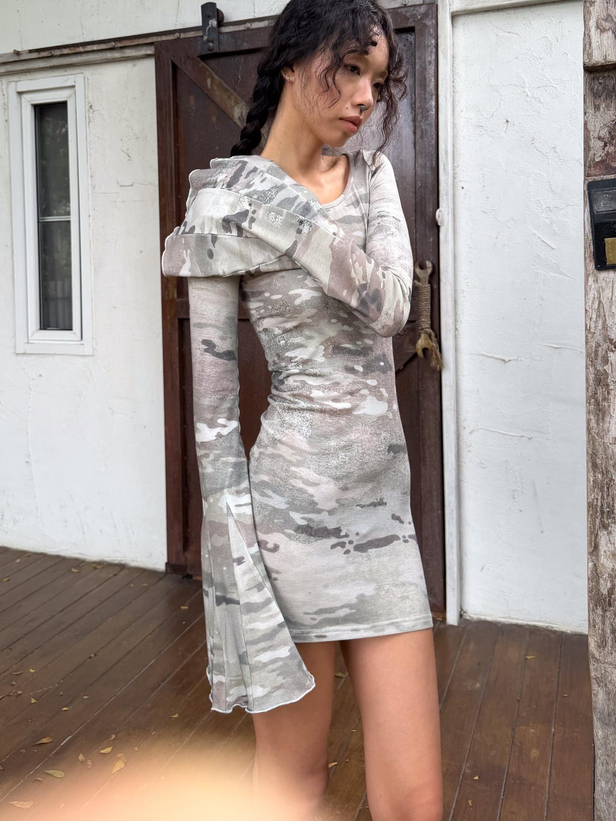 QUORRA S CHORD Vintage Camo Print Distressed Flared Sleeve Lyocell Wool Women&