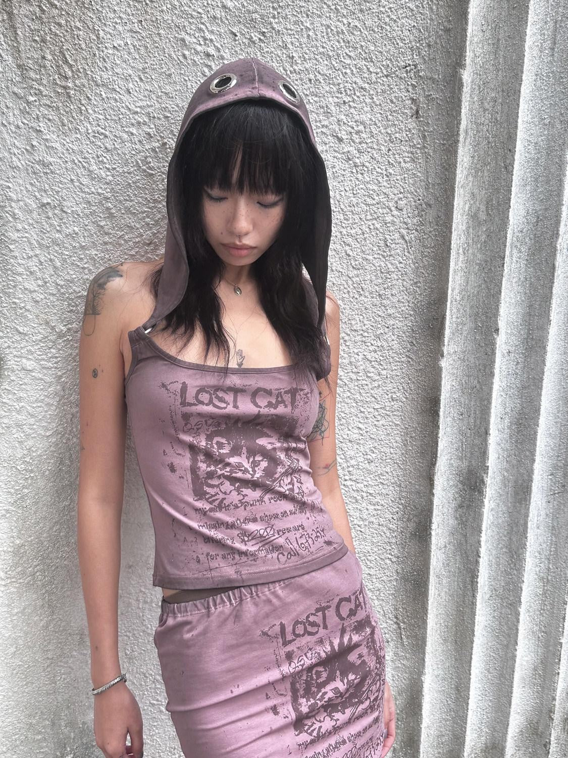 QUORRA S CHORD Washed Dusty Pink Punk Distressed Cat Print Hooded Slim Women&