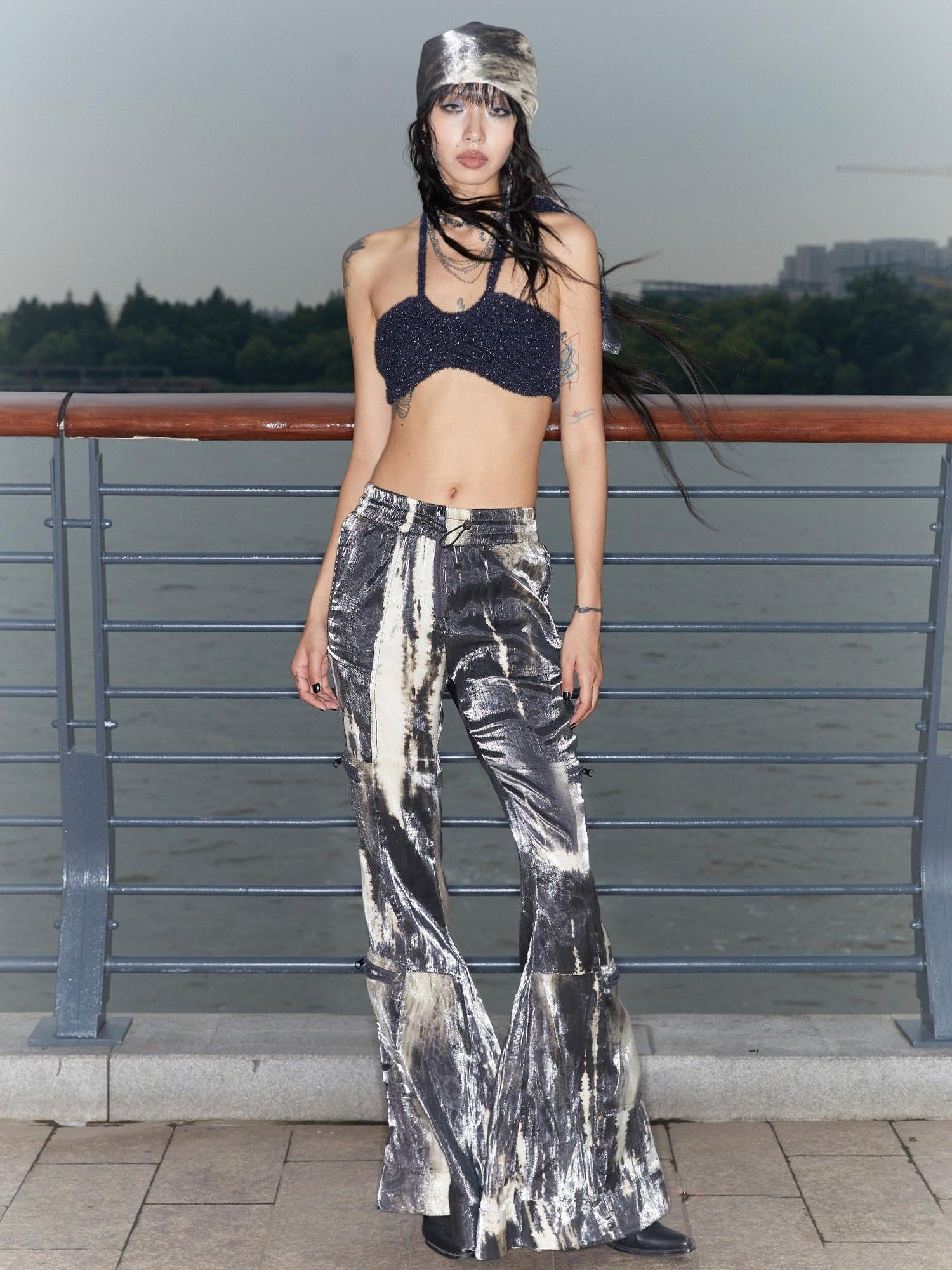 QUORRA S CHORD Water Ripple Tie Dye Sporty Cargo Elastic Waist Women&
