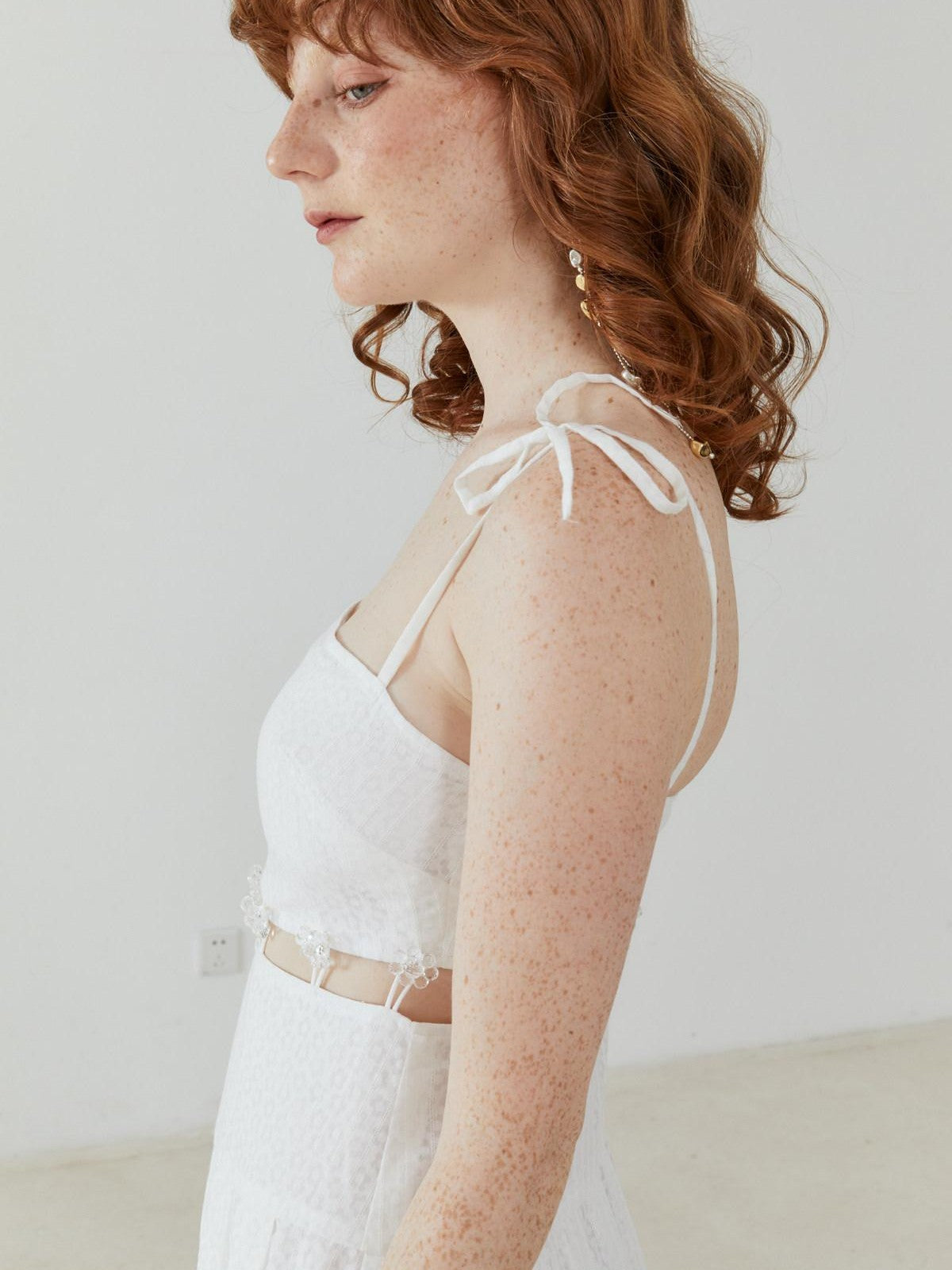 QUORRA S CHORD White Jacquard Hollowout Bow Pleated Bustier Women&