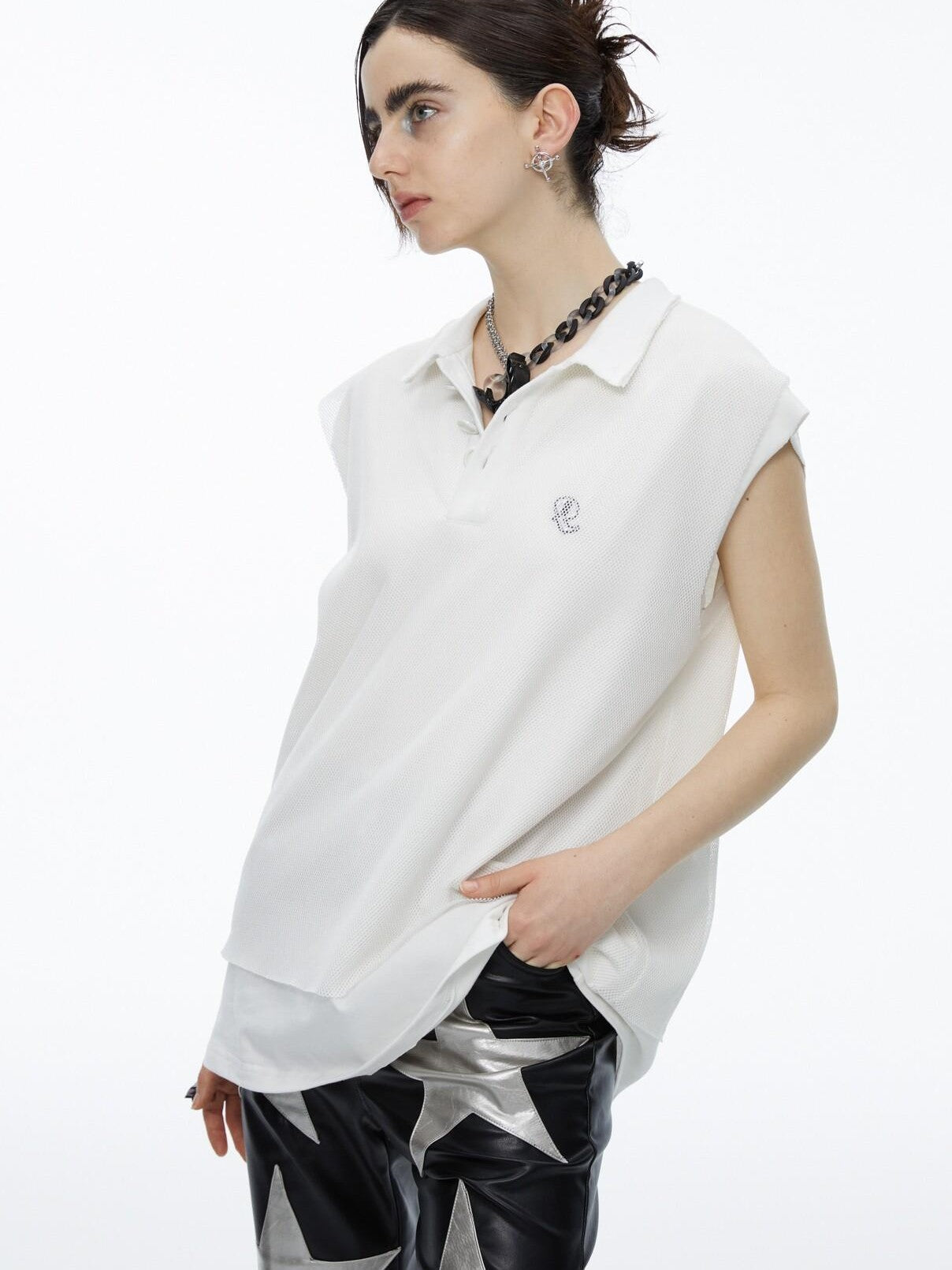 QUORRA S CHORD White Mesh Polo Frayed Hem Women&