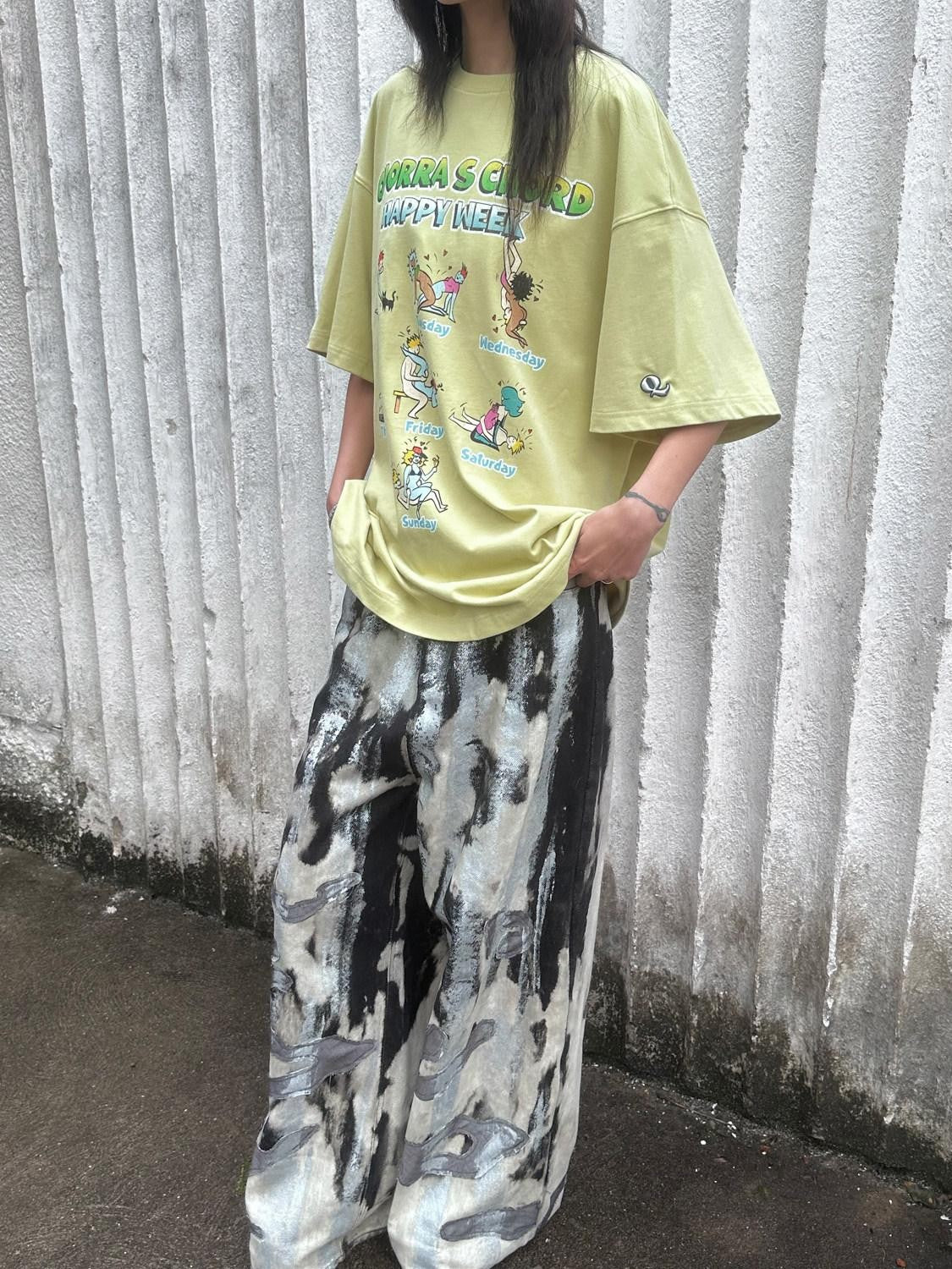 QUORRA S CHORD Yellow Green Cute Cartoon Vintage Washed Women&