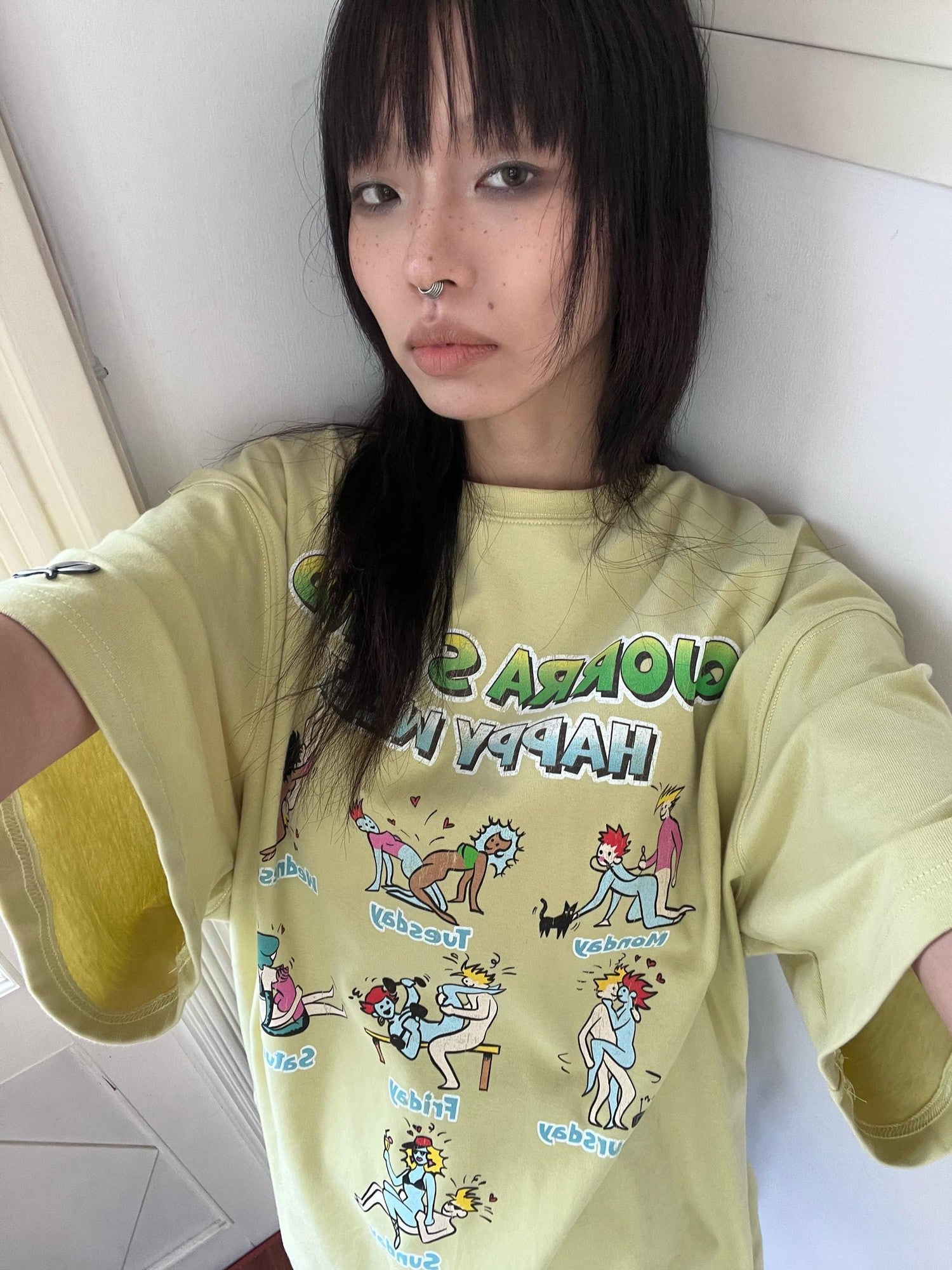 QUORRA S CHORD Yellow Green Cute Cartoon Vintage Washed Women&