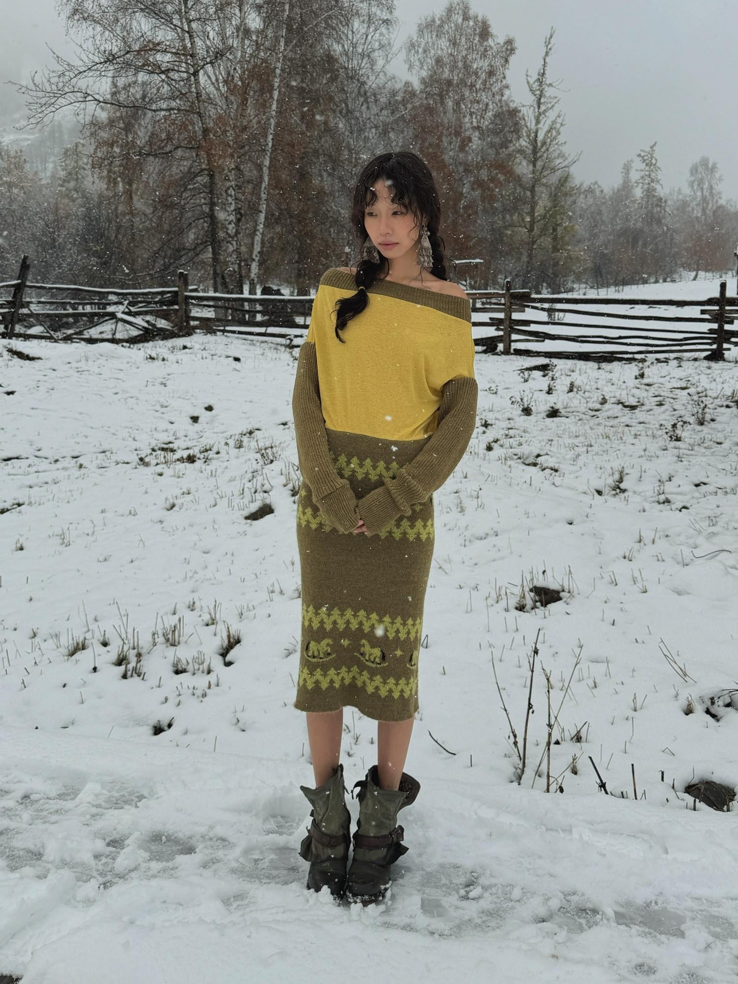 QUORRA S CHORD Yellow Green Patchwork Jacquard Horse Women&