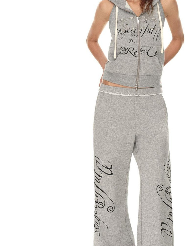 RUN TO THE FUTURE 3D Embellished Letter Print Straight Fit Sleeveless Zip Cotton Women Hoodies