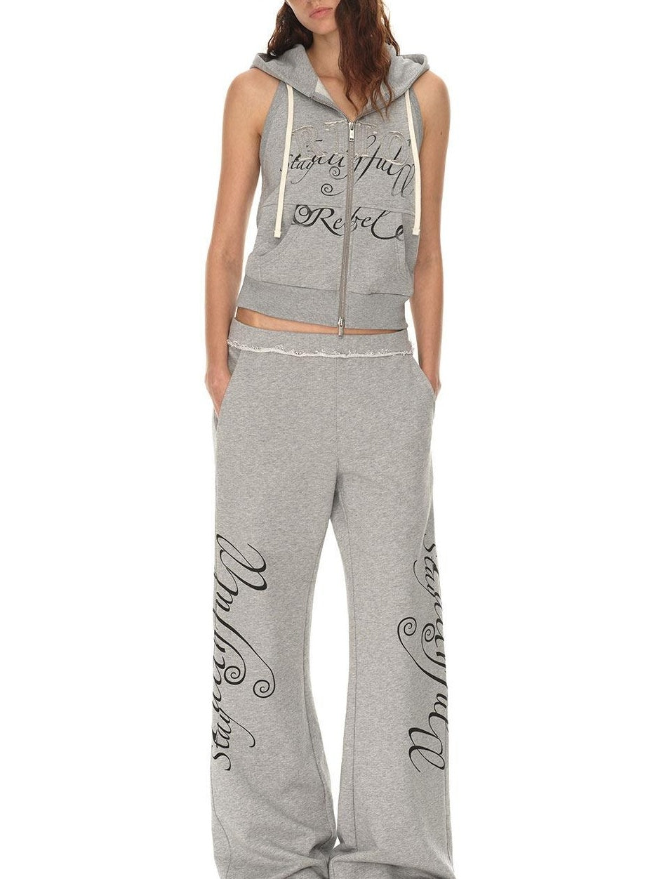 RUN TO THE FUTURE 3D Embellished Letter Print Straight Fit Sleeveless Zip Cotton Women Hoodies