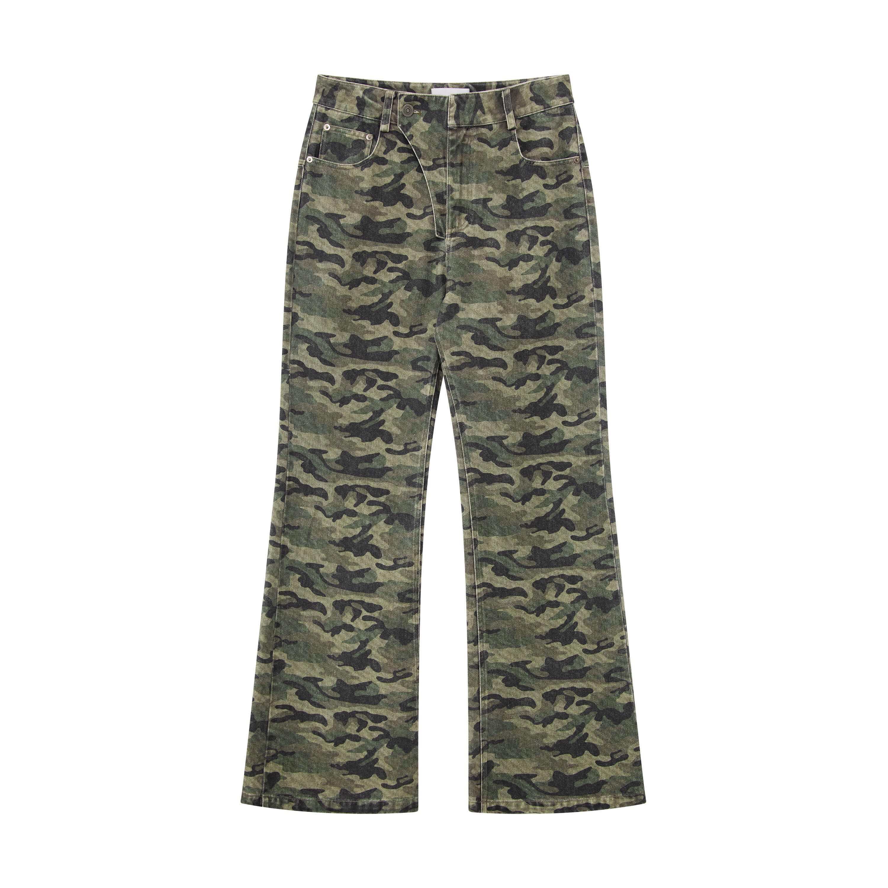 RUN TO THE FUTURE Asymmetric Camo Washed Cotton Casual Flare Loose Womens Mid Rise Straight Pants
