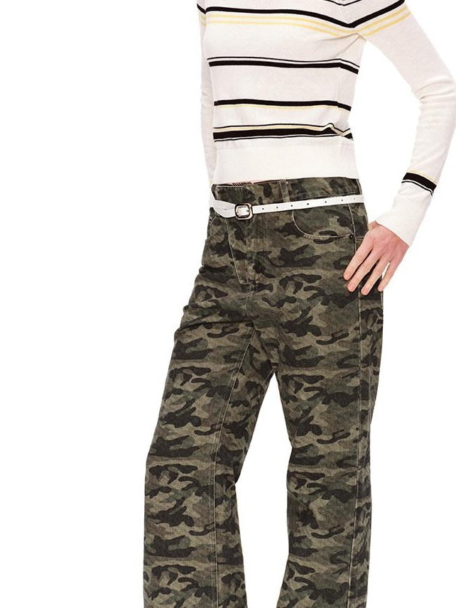 RUN TO THE FUTURE Asymmetric Camo Washed Cotton Casual Flare Loose Womens Mid Rise Straight Pants