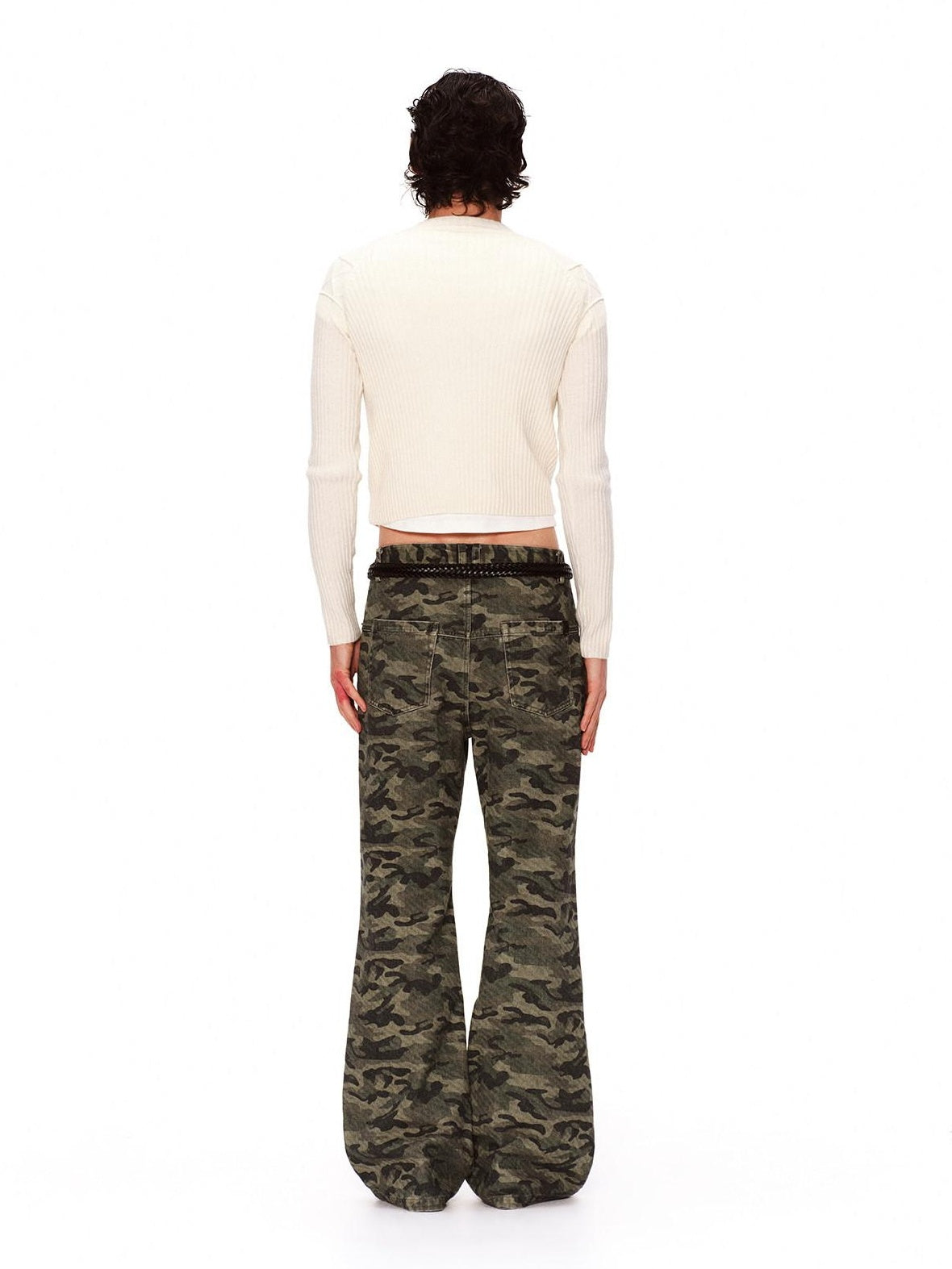 RUN TO THE FUTURE Asymmetric Camo Washed Cotton Casual Flare Loose Womens Mid Rise Straight Pants