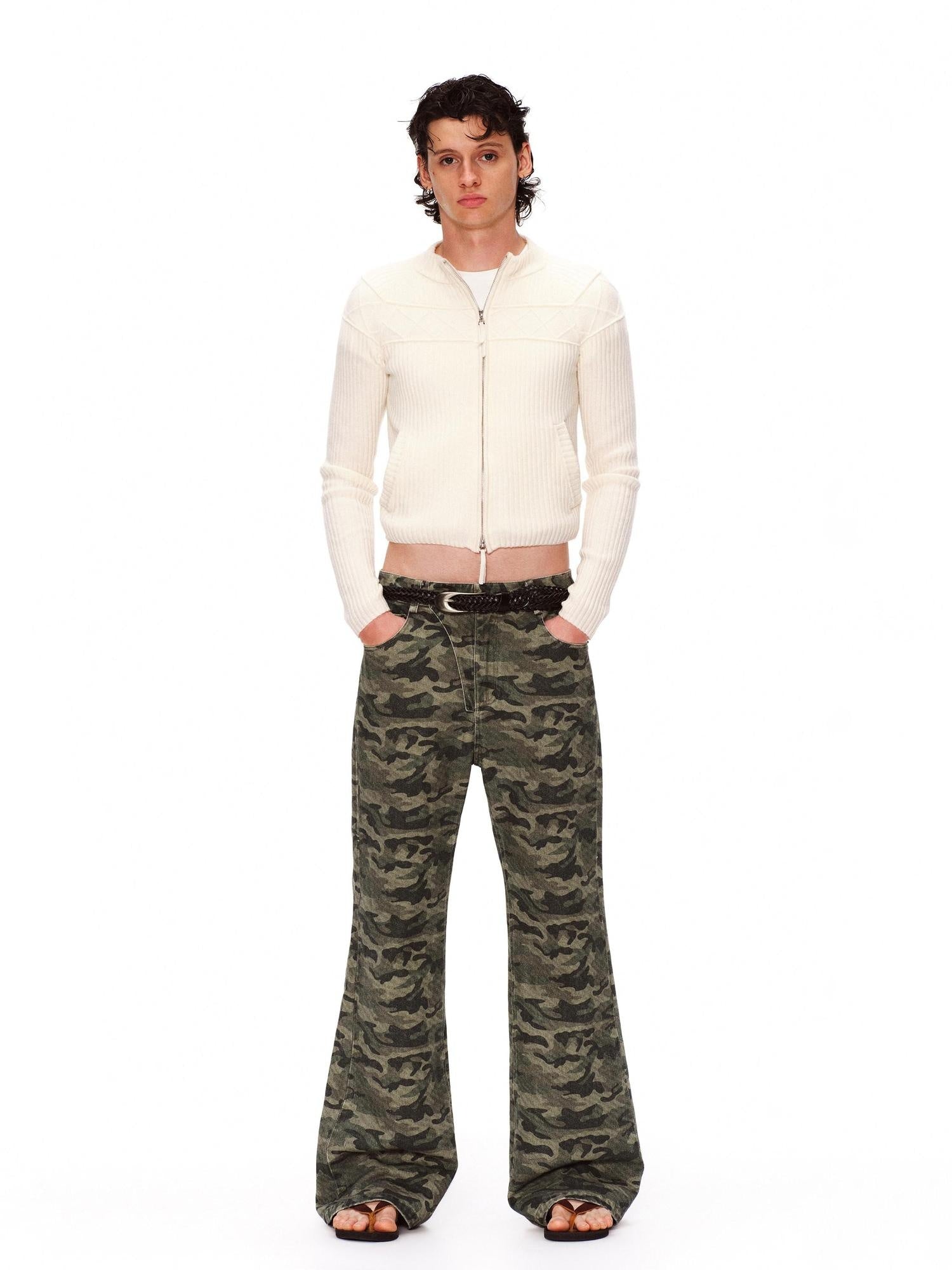 RUN TO THE FUTURE Asymmetric Camo Washed Cotton Casual Flare Loose Womens Mid Rise Straight Pants