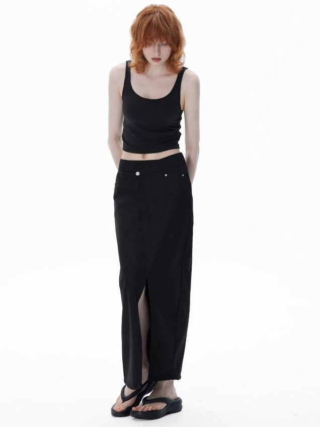 RUN TO THE FUTURE Asymmetric H Line Ladylike Mid Waist Office Grey Poly Cotton Maxi Skirts