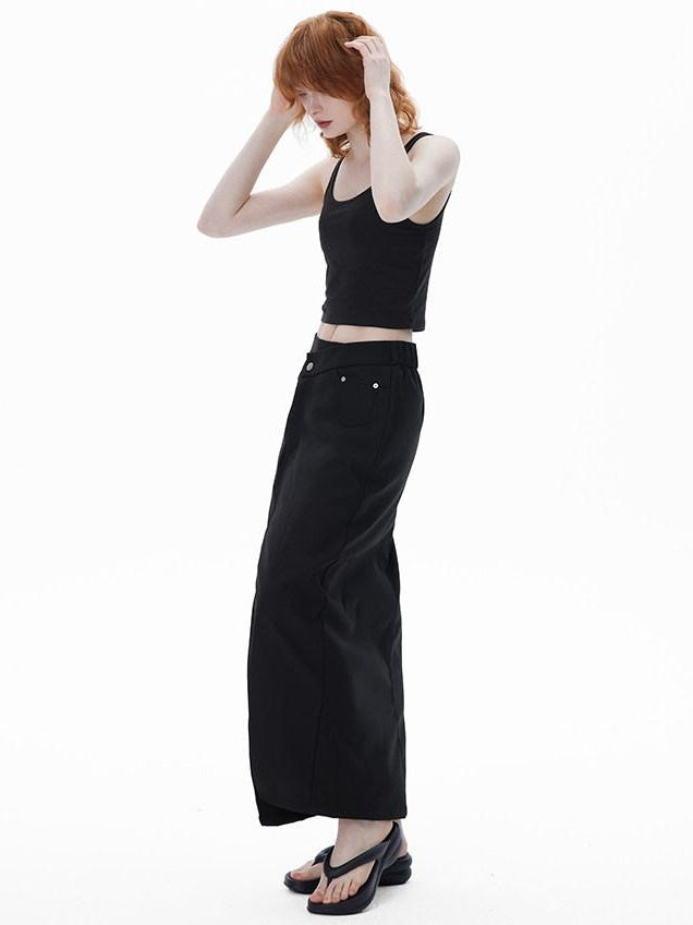 RUN TO THE FUTURE Asymmetric H Line Ladylike Mid Waist Office Grey Poly Cotton Maxi Skirts