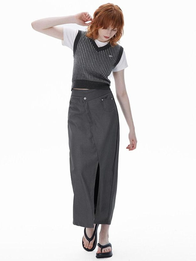 RUN TO THE FUTURE Asymmetric H Line Ladylike Mid Waist Office Grey Poly Cotton Maxi Skirts