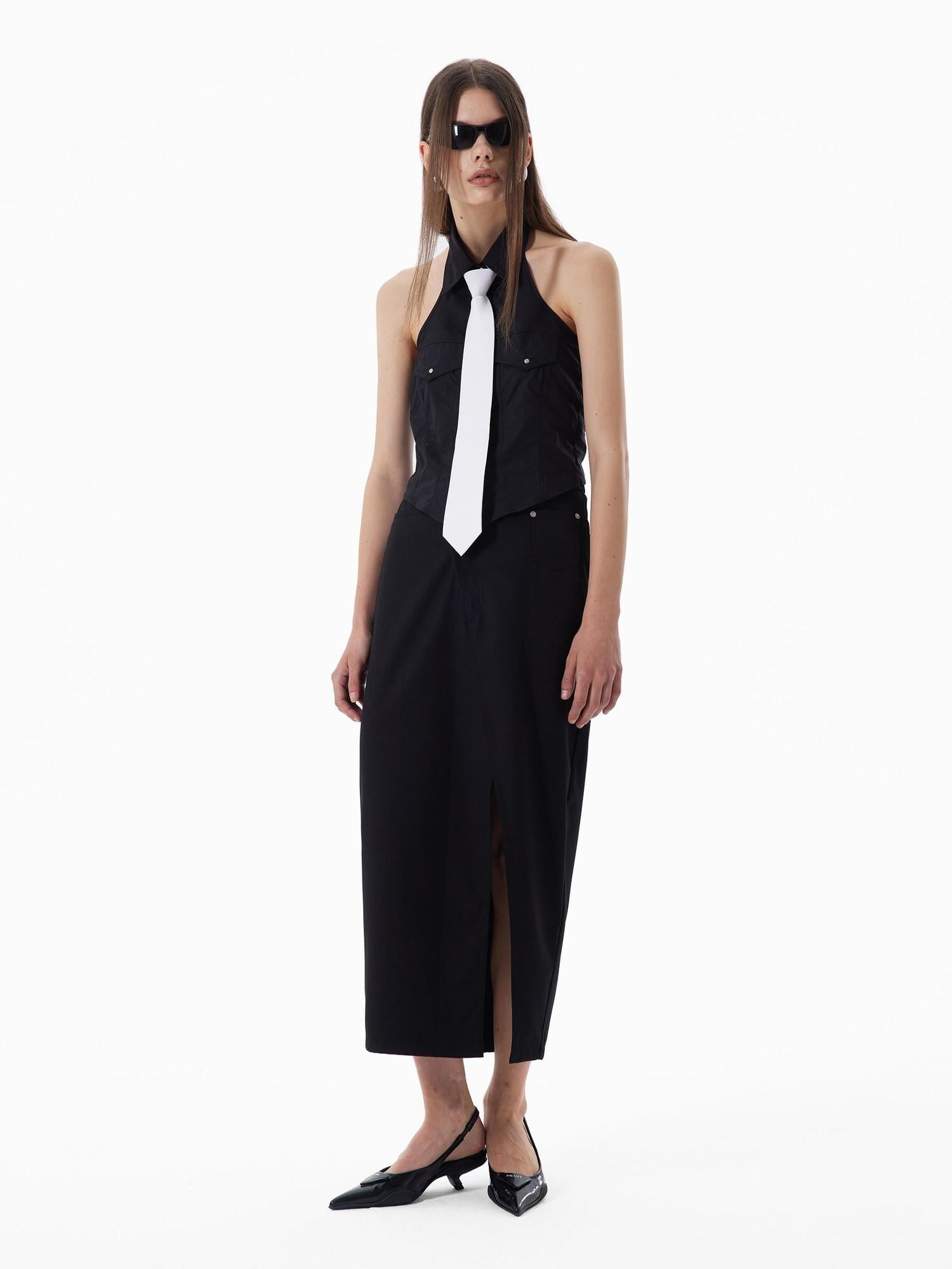 RUN TO THE FUTURE Asymmetric H Line Ladylike Mid Waist Office Grey Poly Cotton Maxi Skirts