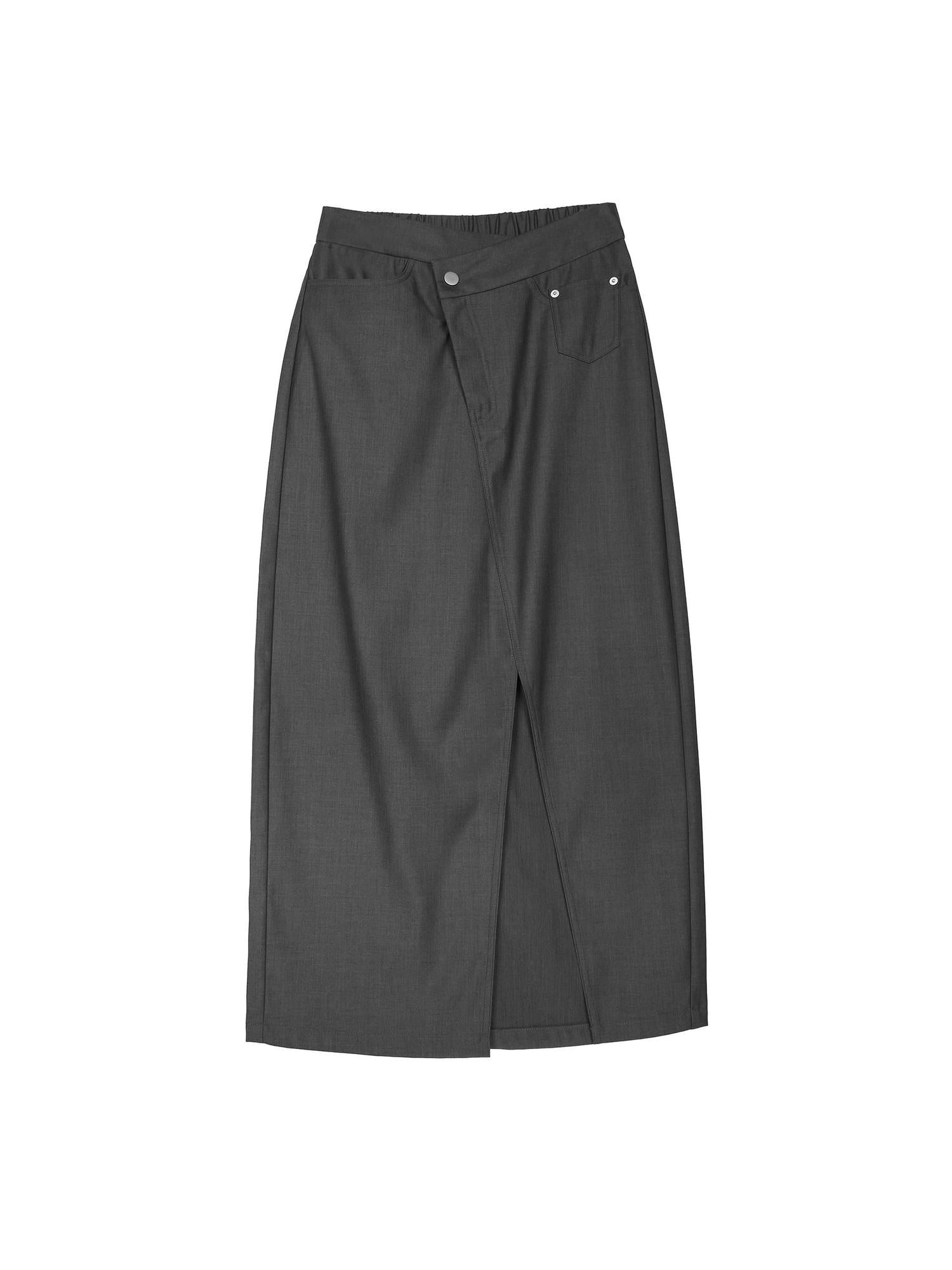 RUN TO THE FUTURE Asymmetric H Line Ladylike Mid Waist Office Grey Poly Cotton Maxi Skirts