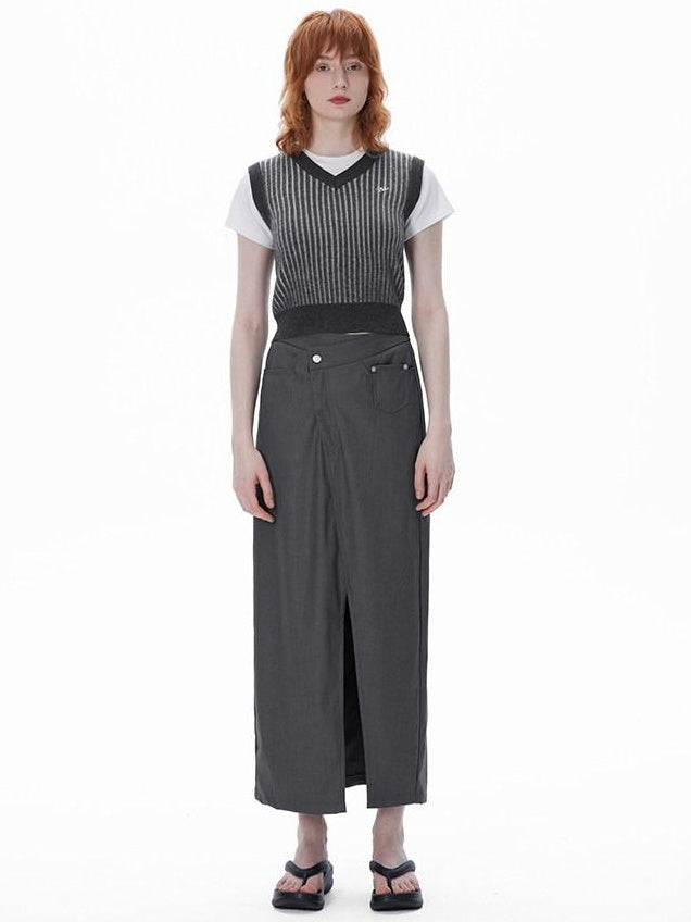 RUN TO THE FUTURE Asymmetric H Line Ladylike Mid Waist Office Grey Poly Cotton Maxi Skirts