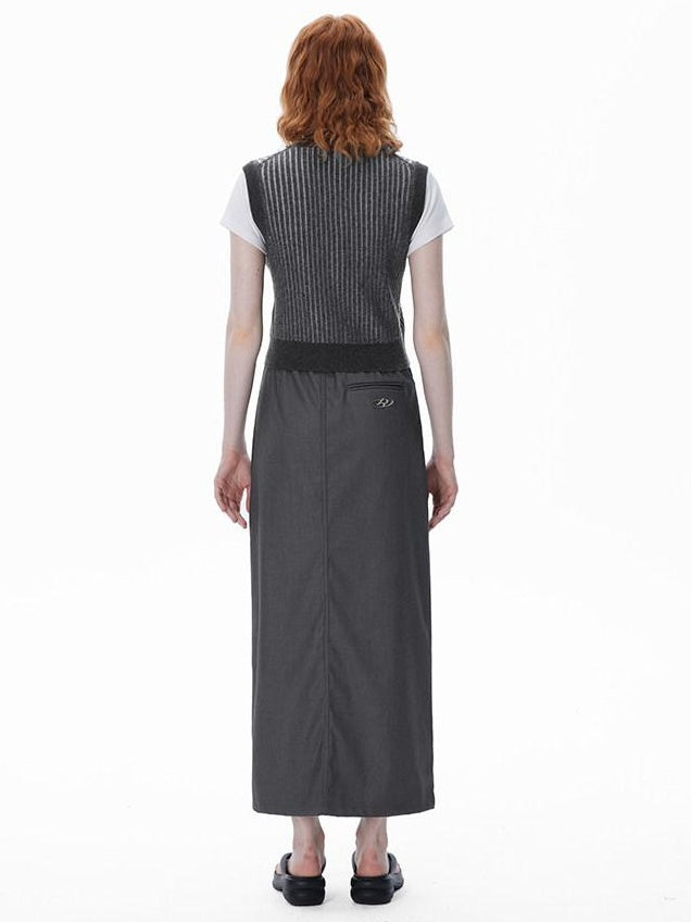 RUN TO THE FUTURE Asymmetric H Line Ladylike Mid Waist Office Grey Poly Cotton Maxi Skirts