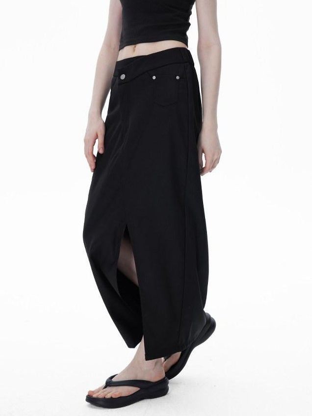RUN TO THE FUTURE Asymmetric H Line Ladylike Mid Waist Office Grey Poly Cotton Maxi Skirts