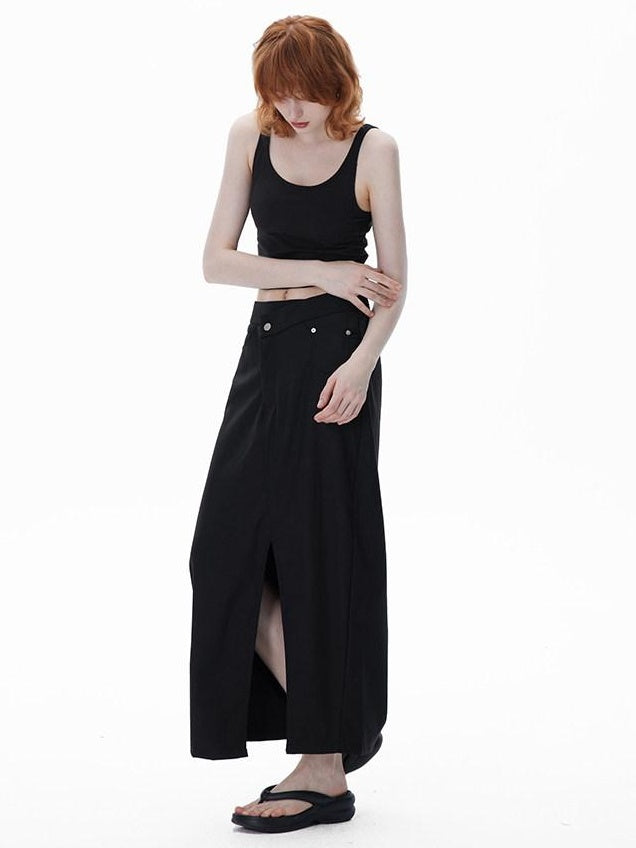 RUN TO THE FUTURE Asymmetric H Line Ladylike Mid Waist Office Grey Poly Cotton Maxi Skirts
