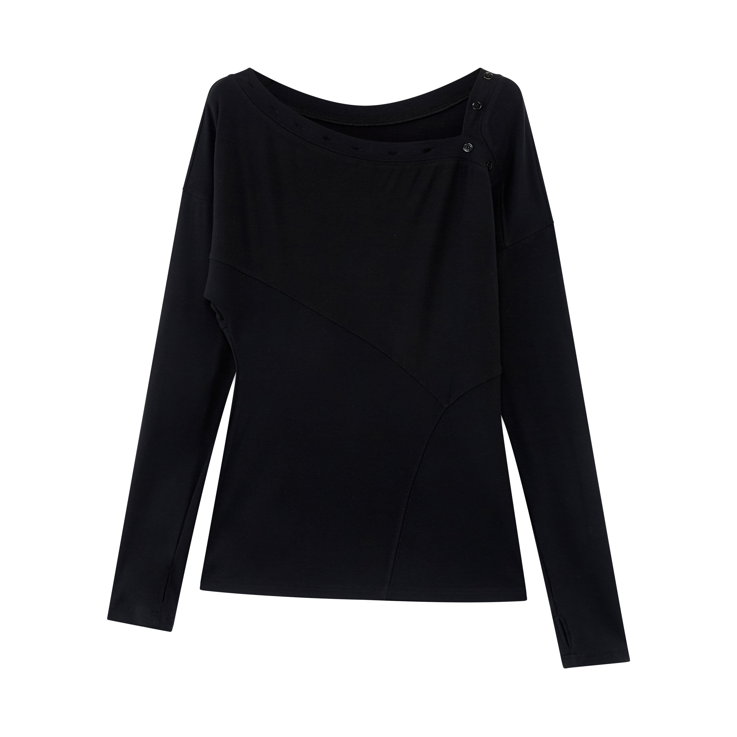 RUN TO THE FUTURE Asymmetric Slim Waist Casual Boat Neck Women Black Heather Long Sleeve T-Shirts