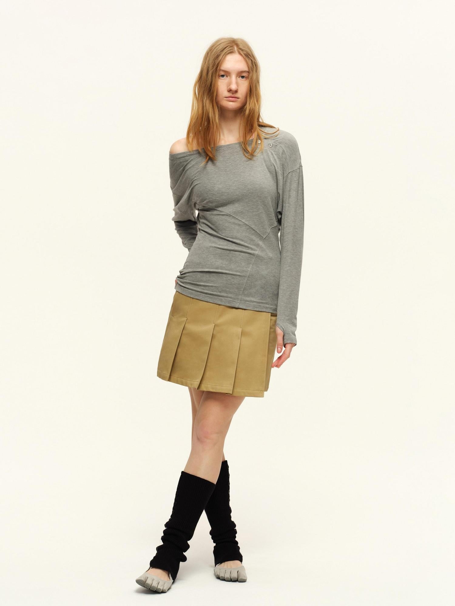 RUN TO THE FUTURE Asymmetric Slim Waist Casual Boat Neck Women Black Heather Long Sleeve T-Shirts