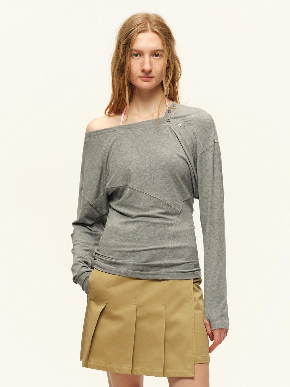 RUN TO THE FUTURE Asymmetric Slim Waist Casual Boat Neck Women Black Heather Long Sleeve T-Shirts