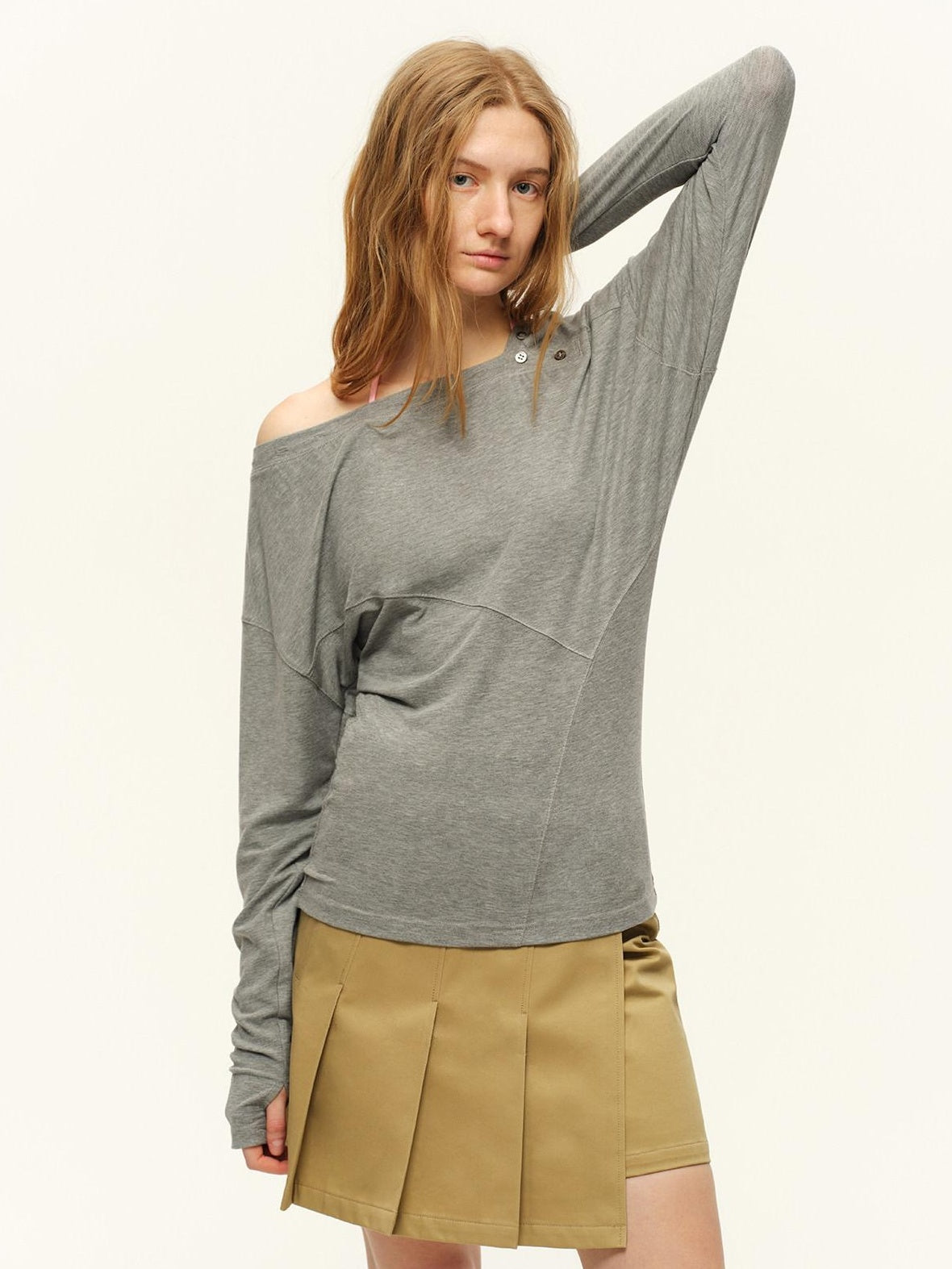 RUN TO THE FUTURE Asymmetric Slim Waist Casual Boat Neck Women Black Heather Long Sleeve T-Shirts