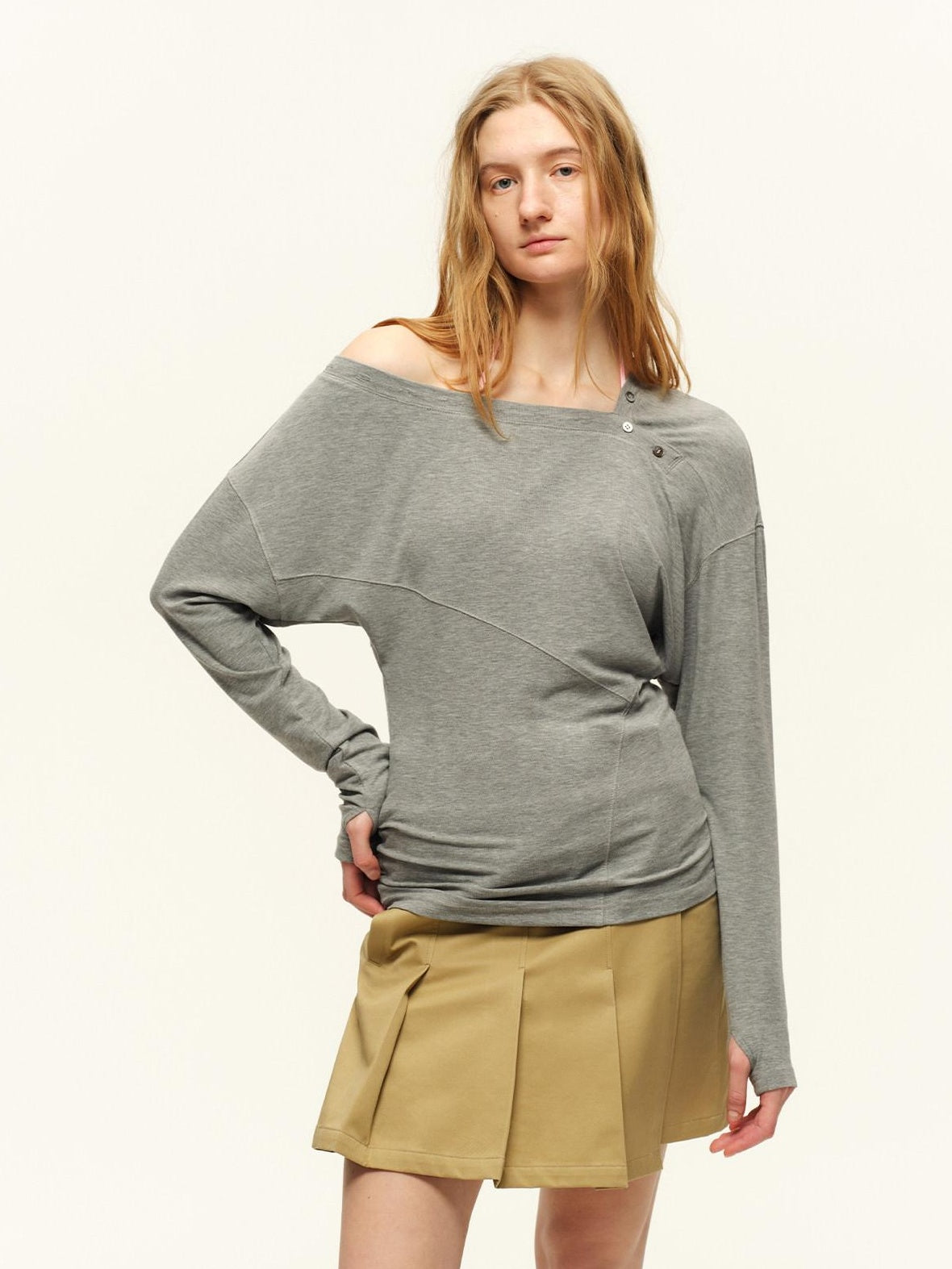 RUN TO THE FUTURE Asymmetric Slim Waist Casual Boat Neck Women Black Heather Long Sleeve T-Shirts