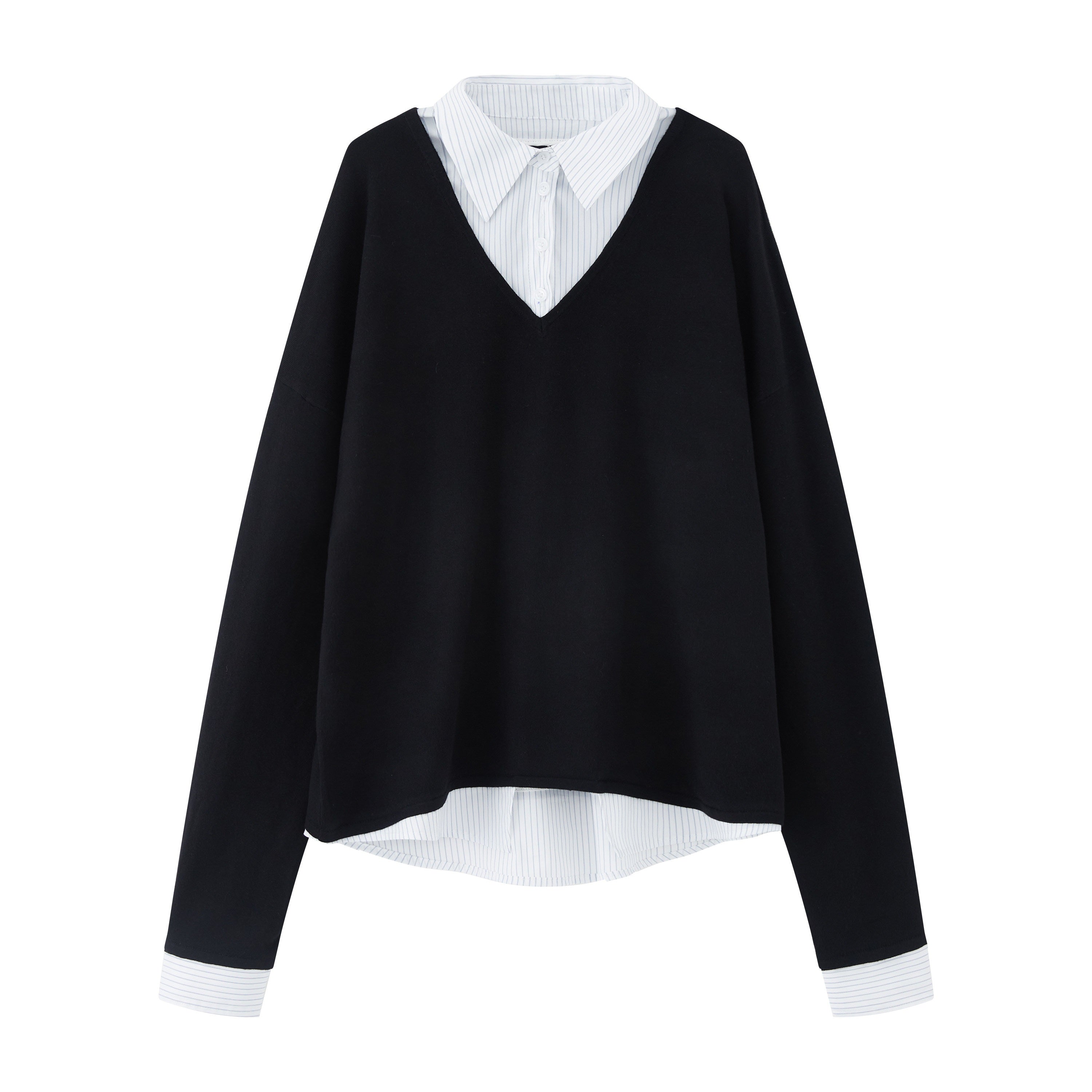 RUN_TO_THE_FUTURE_Black_Faux_Layered_Spliced_Polo_Collar_Women&