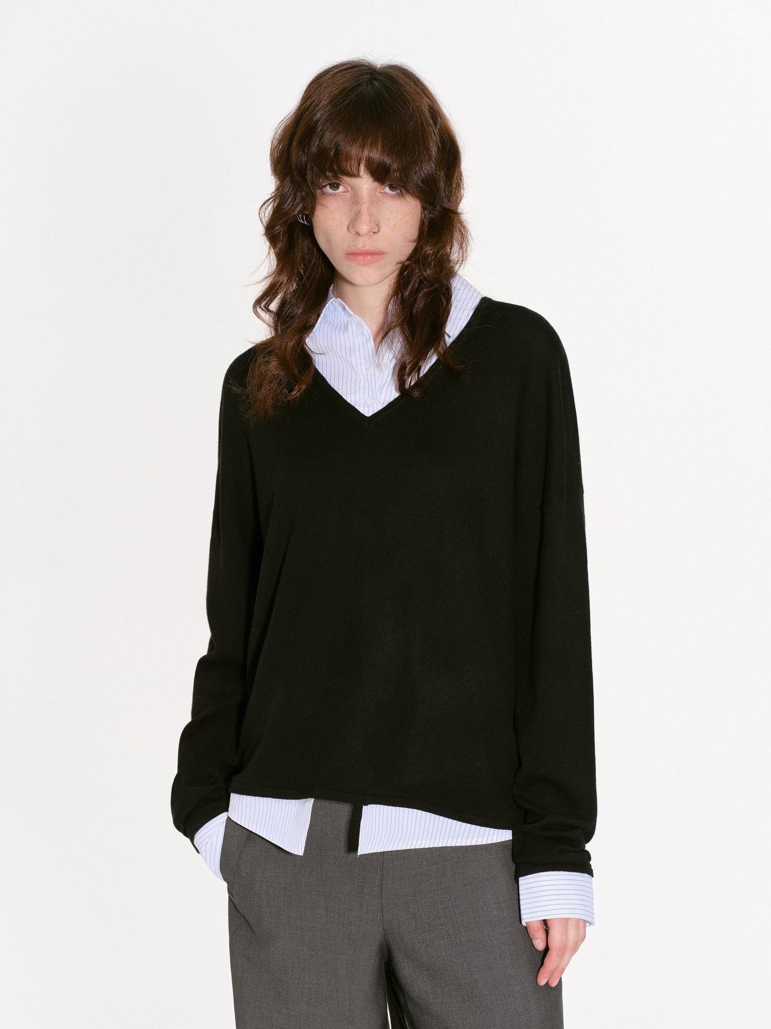 RUN TO THE FUTURE Black Faux Layered Spliced Polo Collar Women&