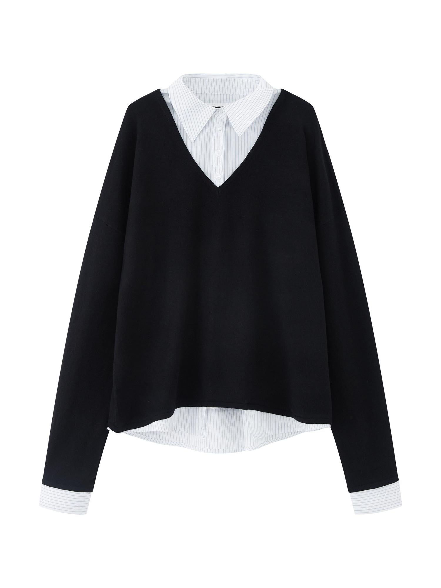 RUN TO THE FUTURE Black Faux Layered Spliced Polo Collar Women&