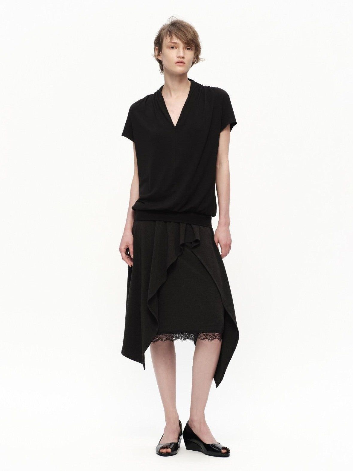 RUN TO THE FUTURE Black Lace Spliced Asymmetric Drapey A Line Women&