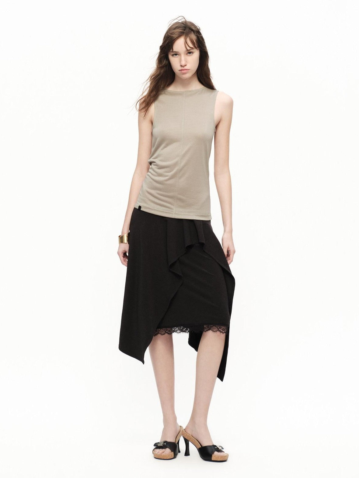 RUN TO THE FUTURE Black Lace Spliced Asymmetric Drapey A Line Women&