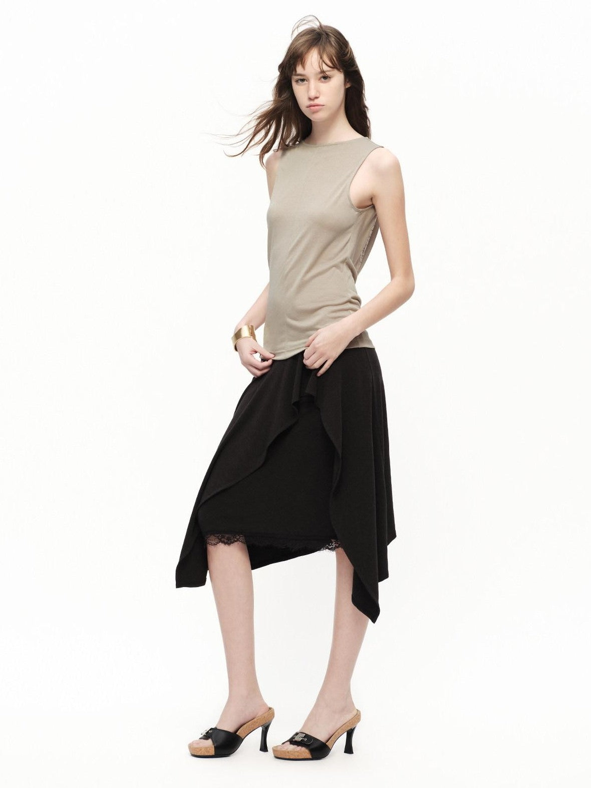 RUN TO THE FUTURE Black Lace Spliced Asymmetric Drapey A Line Women&