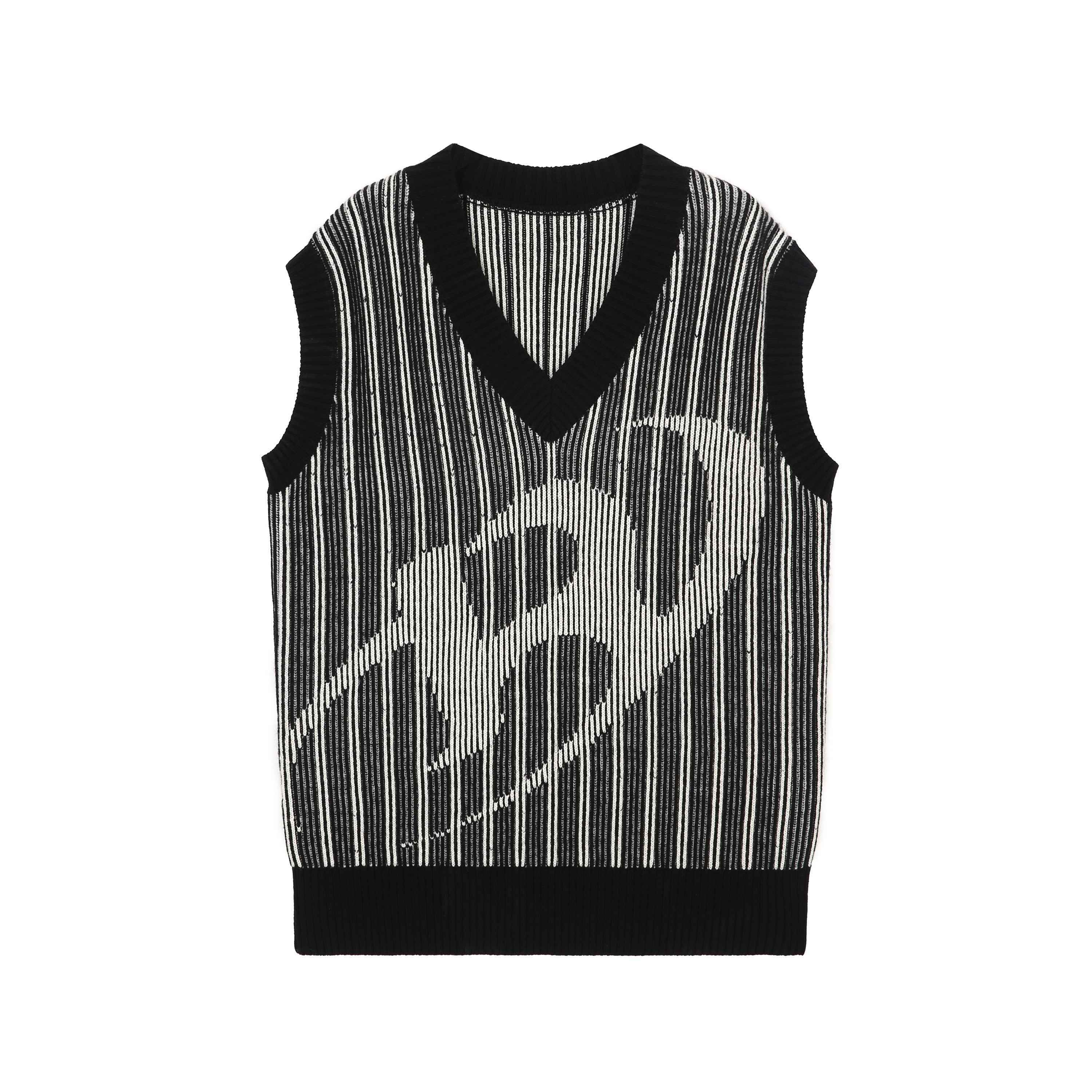 RUN TO THE FUTURE Black White Striped V-neck Sleeveless Retro Straight Fit Wool Blend Sweaters