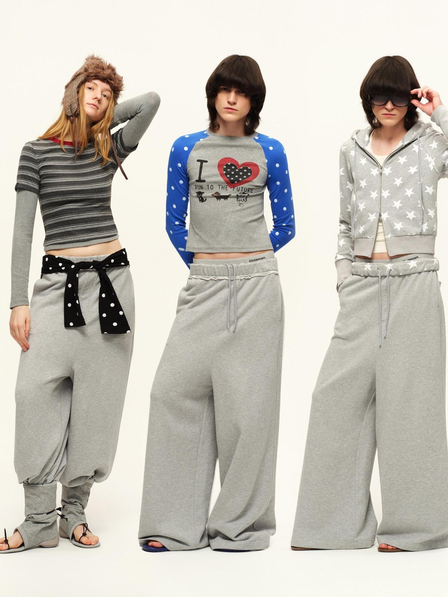 RUN TO THE FUTURE Breathable Cotton Relaxed Minimal Patchwork Unisex Sporty Printed Wide-Leg Pants