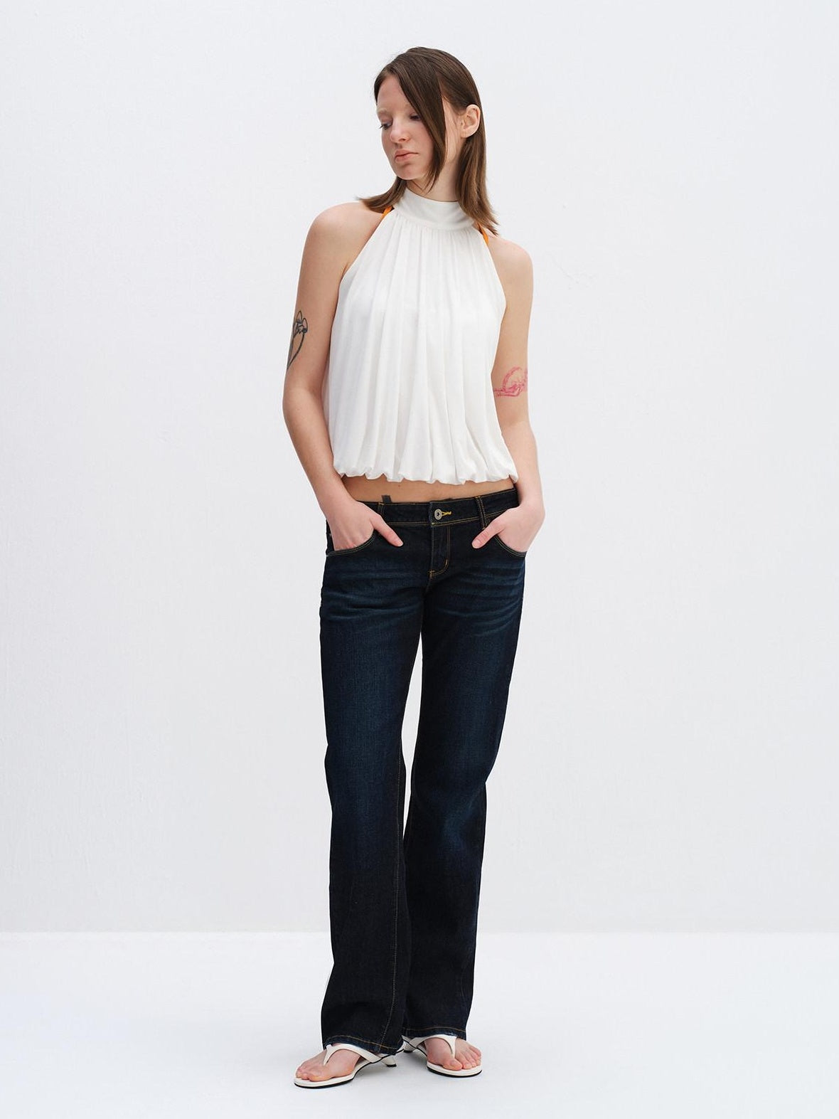 RUN TO THE FUTURE Breathable Lyocell Pleated Halter Loose Button Elastic Hem White Women Camisoles