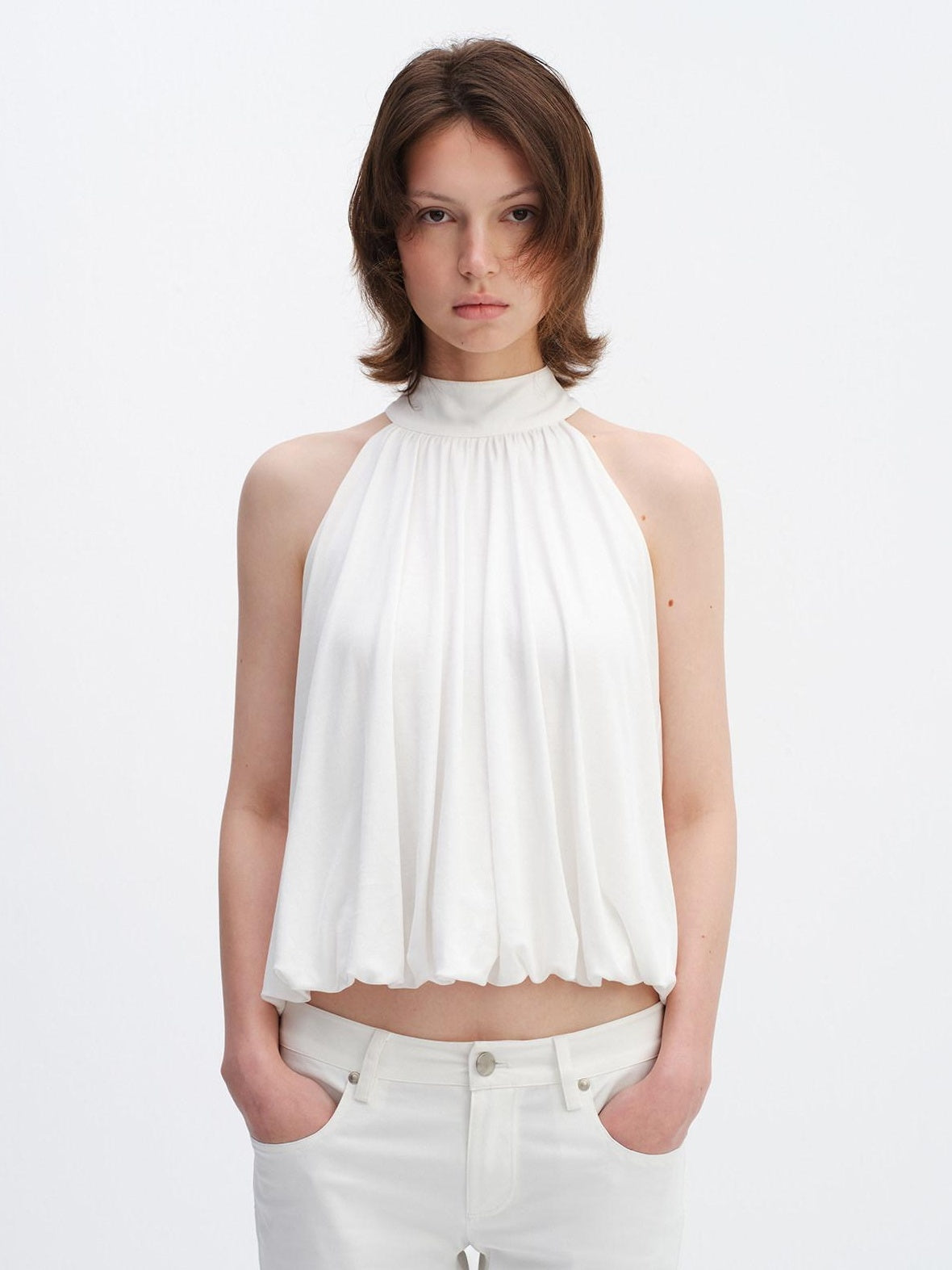 RUN TO THE FUTURE Breathable Lyocell Pleated Halter Loose Button Elastic Hem White Women Camisoles
