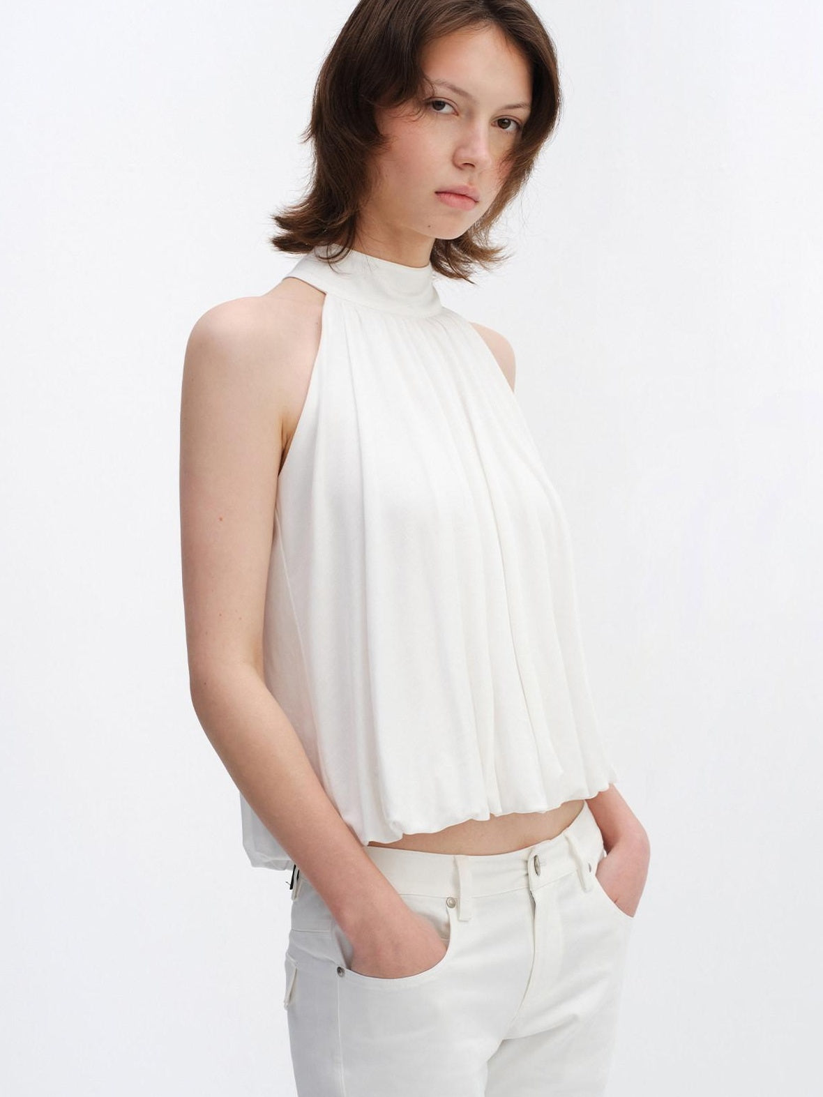 RUN TO THE FUTURE Breathable Lyocell Pleated Halter Loose Button Elastic Hem White Women Camisoles