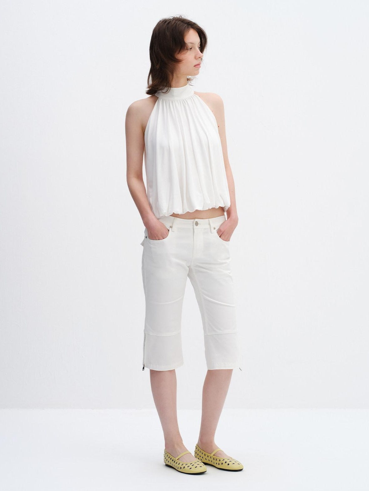 RUN TO THE FUTURE Breathable Lyocell Pleated Halter Loose Button Elastic Hem White Women Camisoles