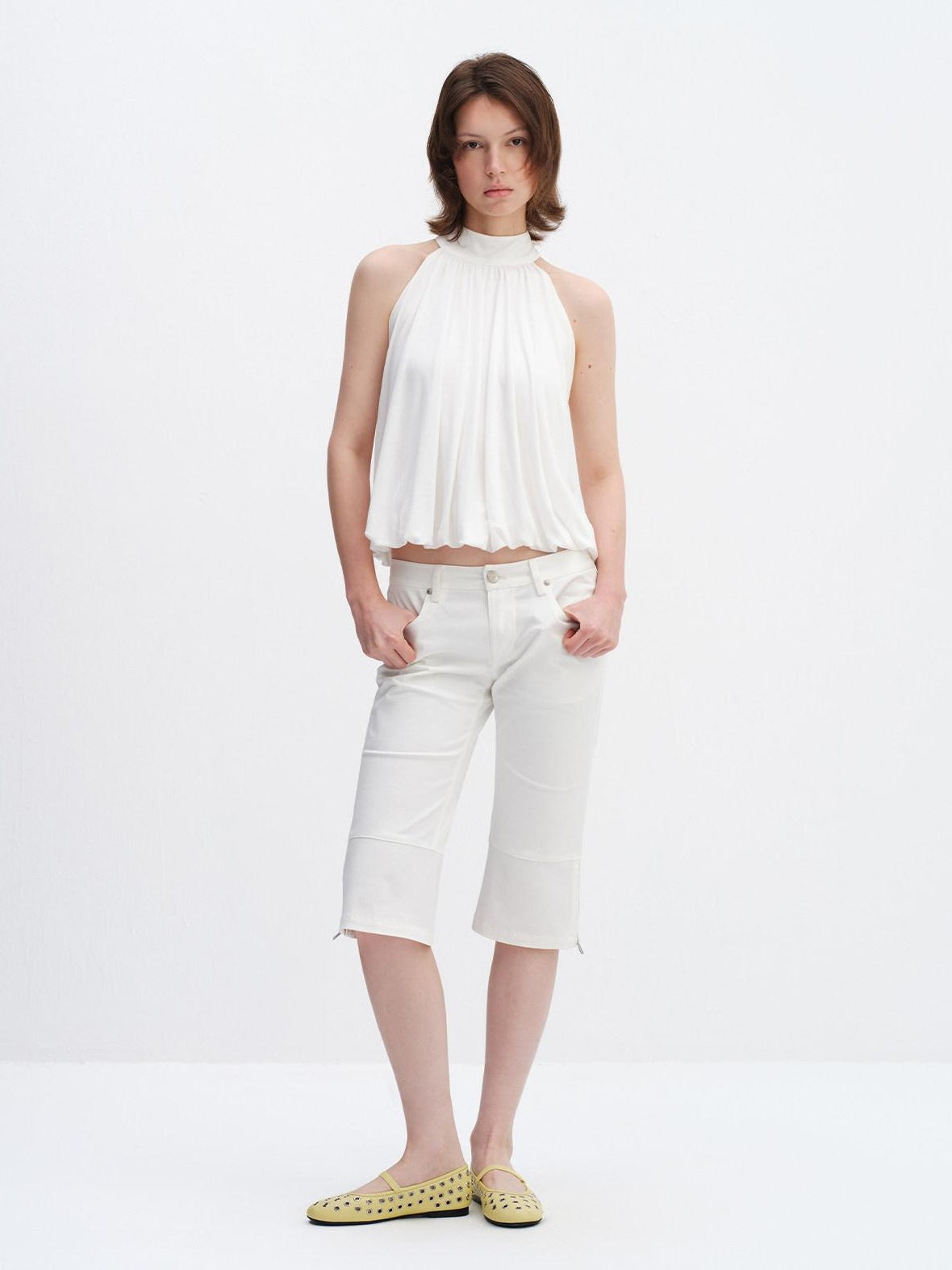 RUN TO THE FUTURE Breathable Lyocell Pleated Halter Loose Button Elastic Hem White Women Camisoles