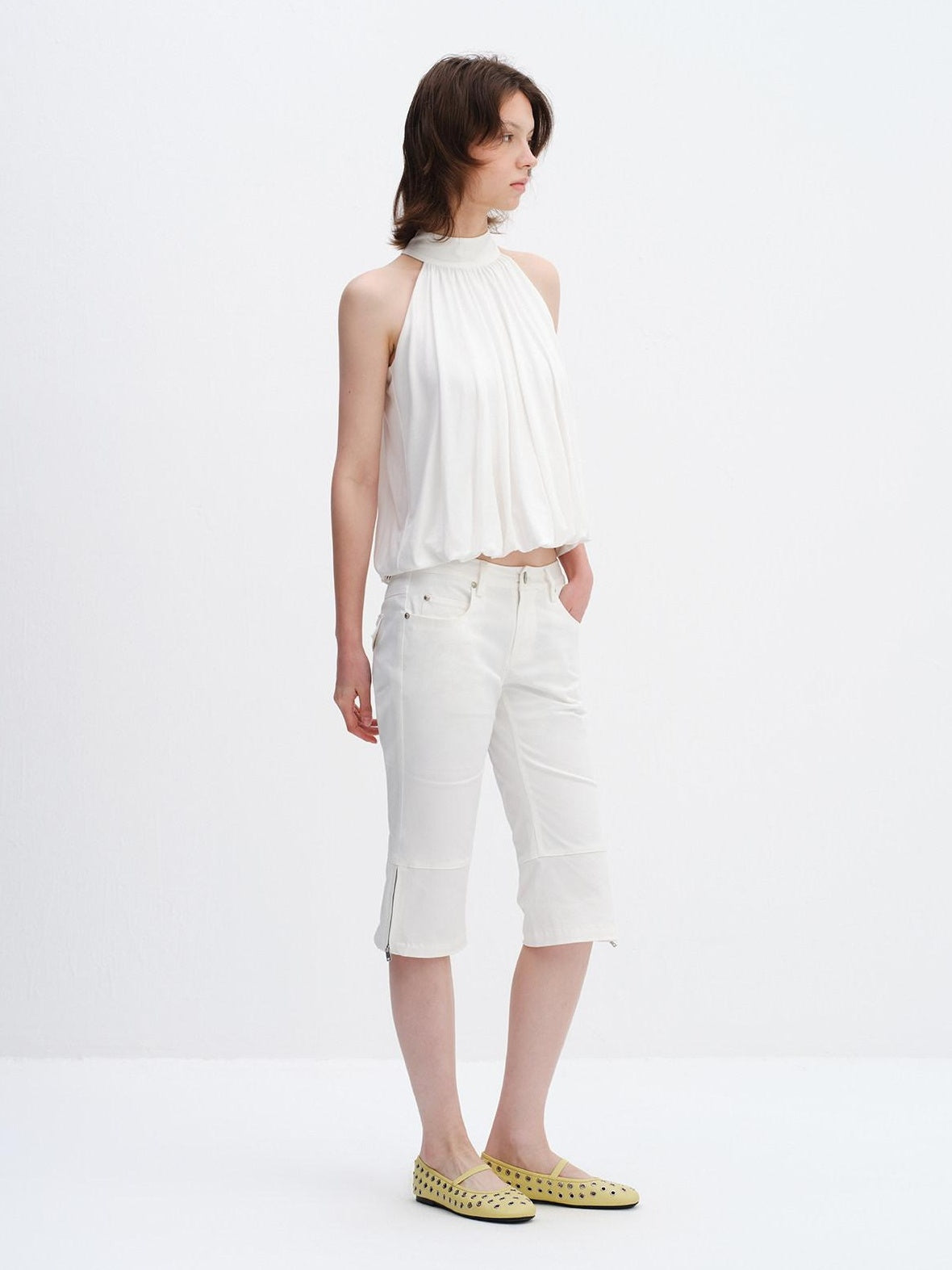 RUN TO THE FUTURE Breathable Lyocell Pleated Halter Loose Button Elastic Hem White Women Camisoles