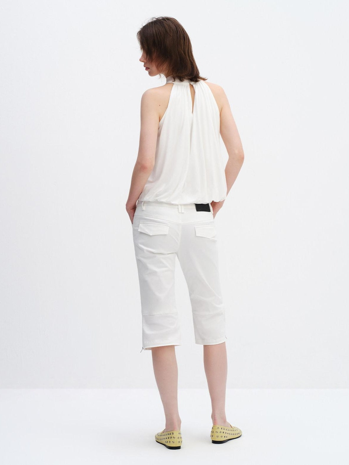 RUN TO THE FUTURE Breathable Lyocell Pleated Halter Loose Button Elastic Hem White Women Camisoles
