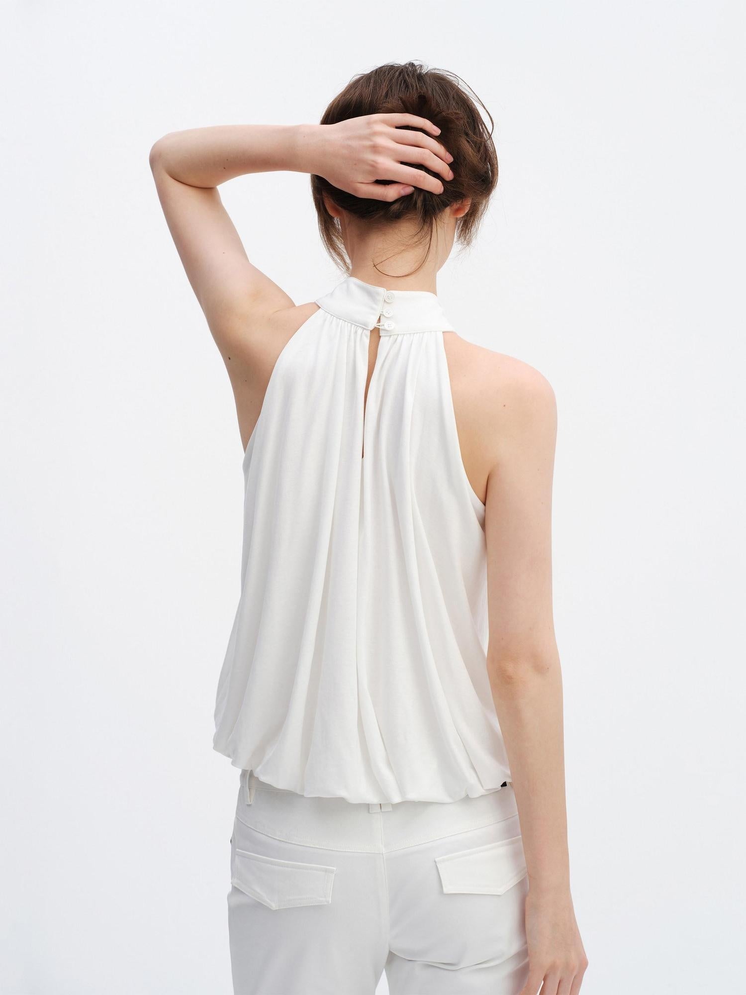 RUN TO THE FUTURE Breathable Lyocell Pleated Halter Loose Button Elastic Hem White Women Camisoles