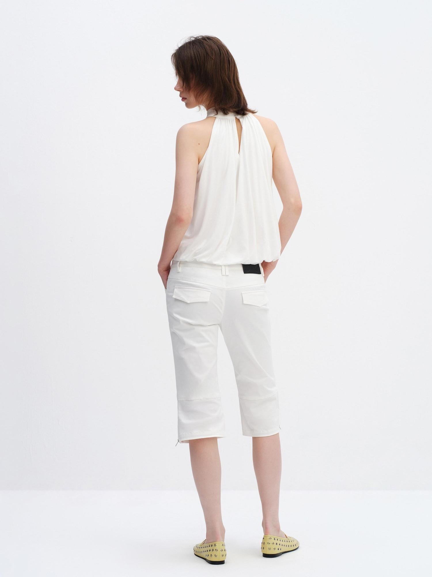 RUN TO THE FUTURE Breathable Lyocell Pleated Halter Loose Button Elastic Hem White Women Camisoles