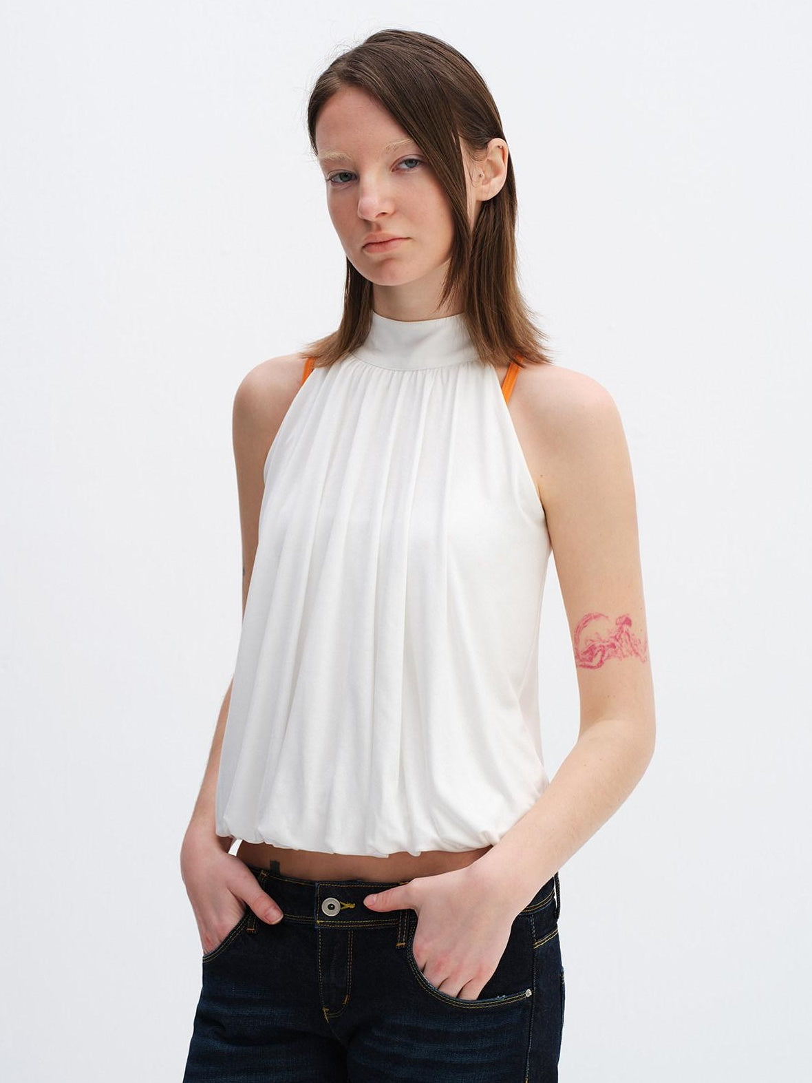 RUN TO THE FUTURE Breathable Lyocell Pleated Halter Loose Button Elastic Hem White Women Camisoles