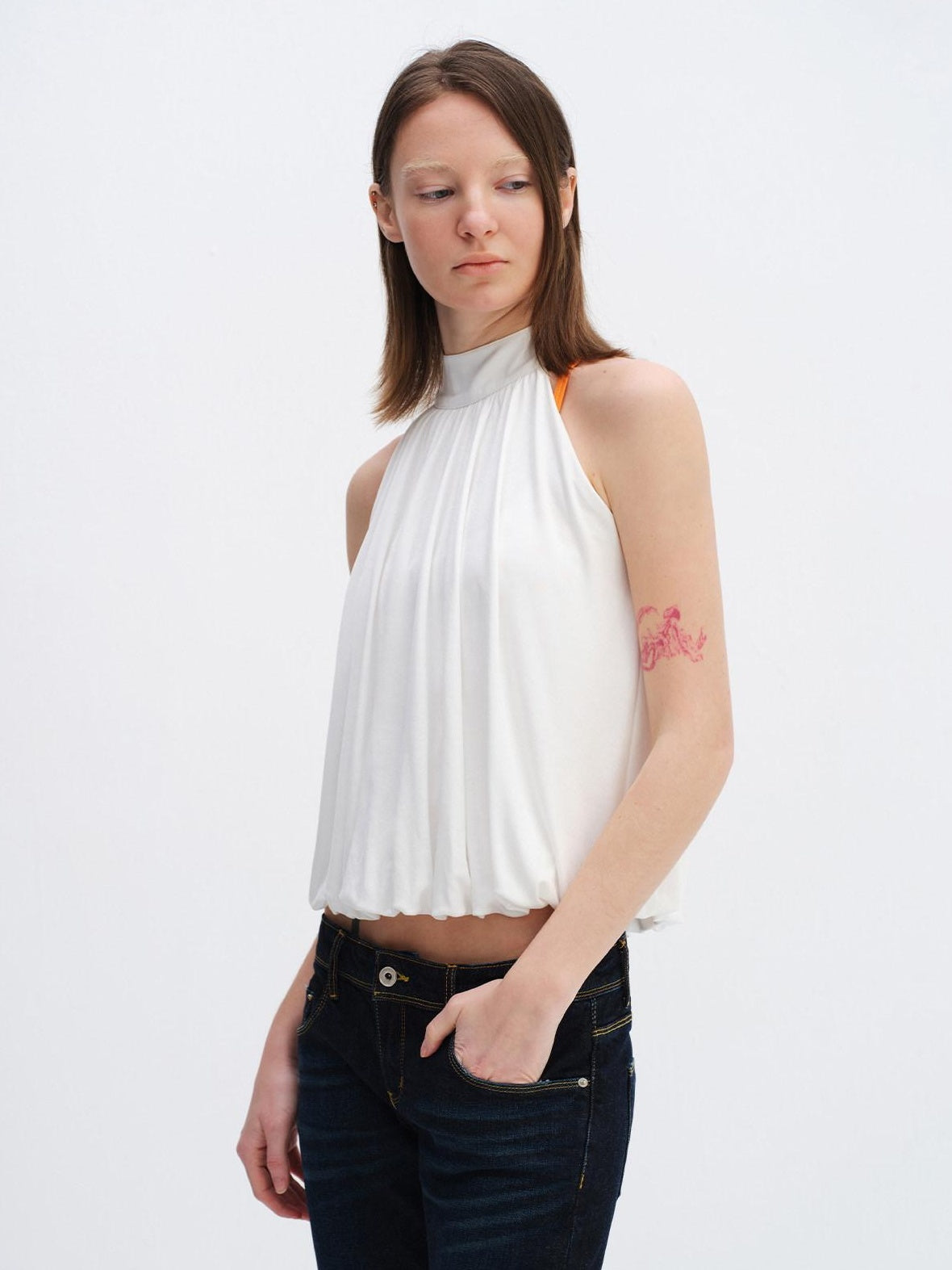 RUN TO THE FUTURE Breathable Lyocell Pleated Halter Loose Button Elastic Hem White Women Camisoles